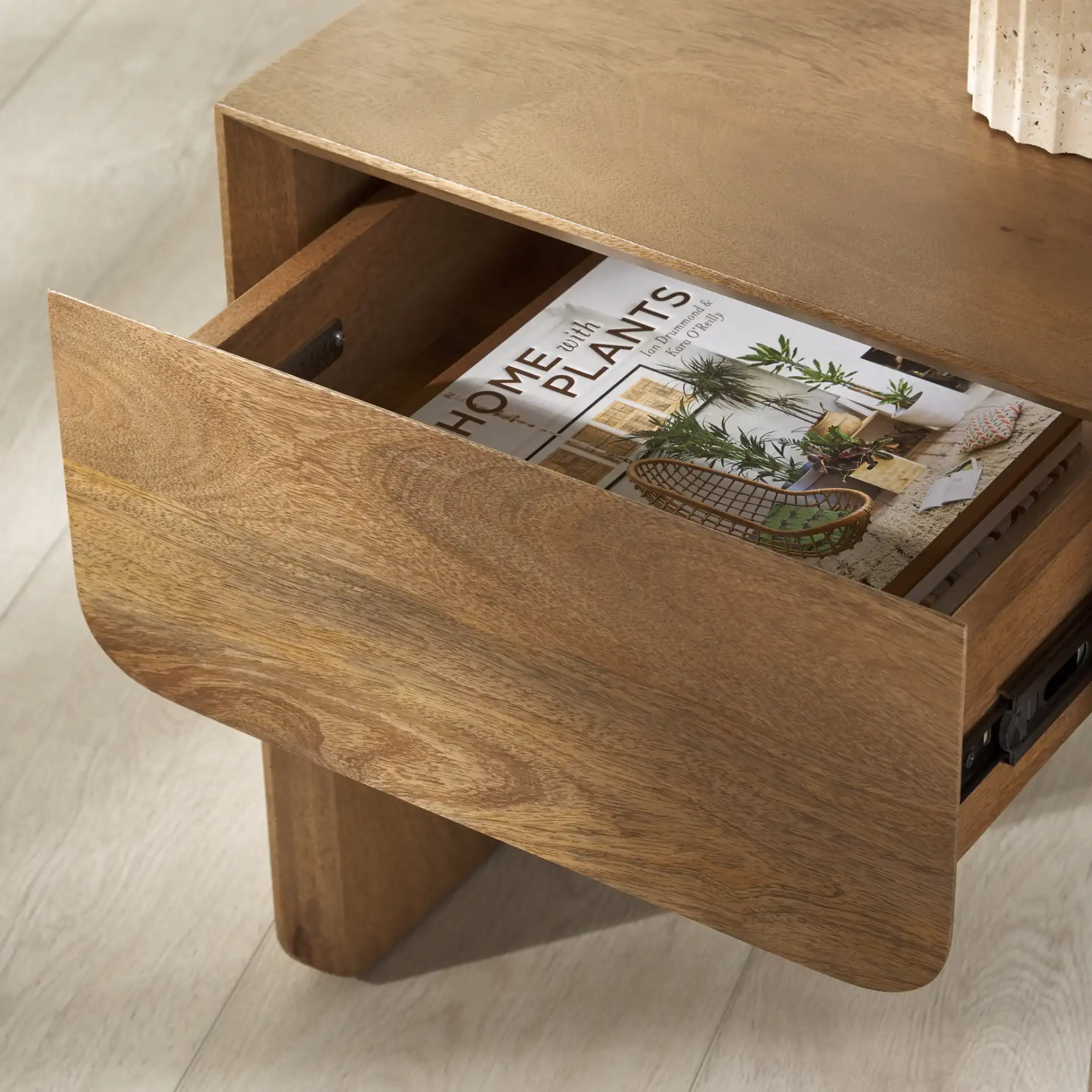 Grigorio One-Drawer Nightstand in Brown in a styled room
