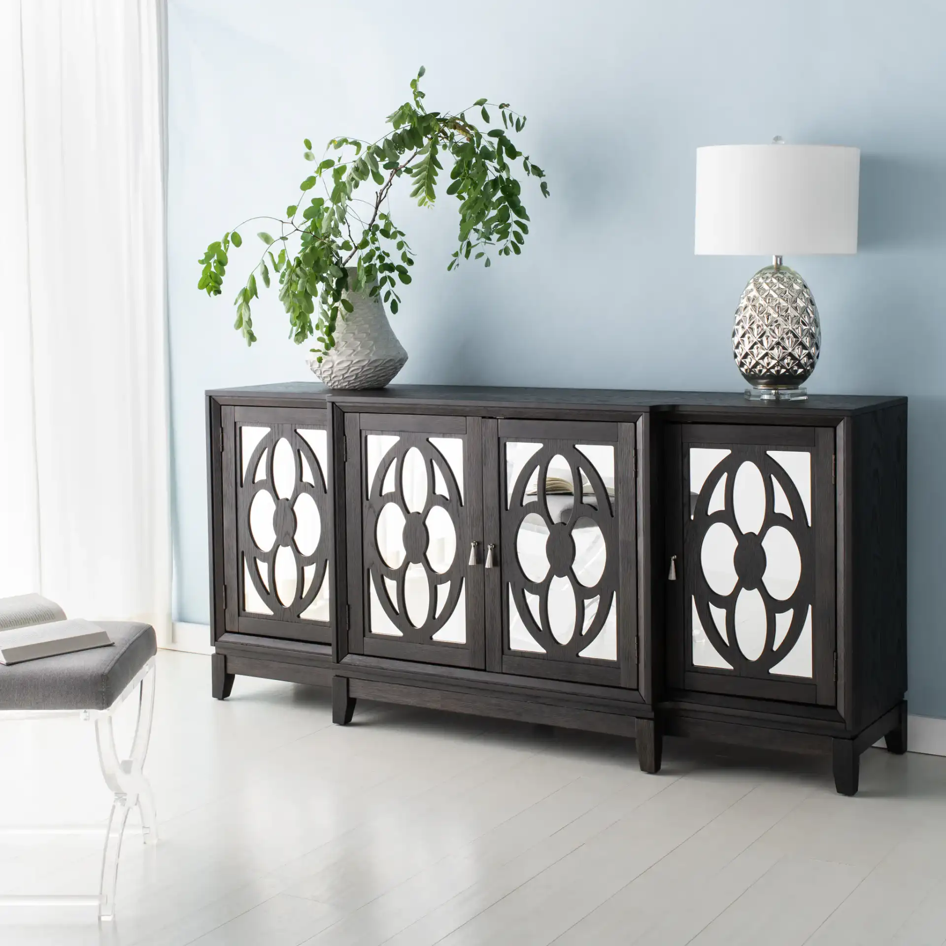 Madeleine Mirrored Sideboard in Black in a styled room
