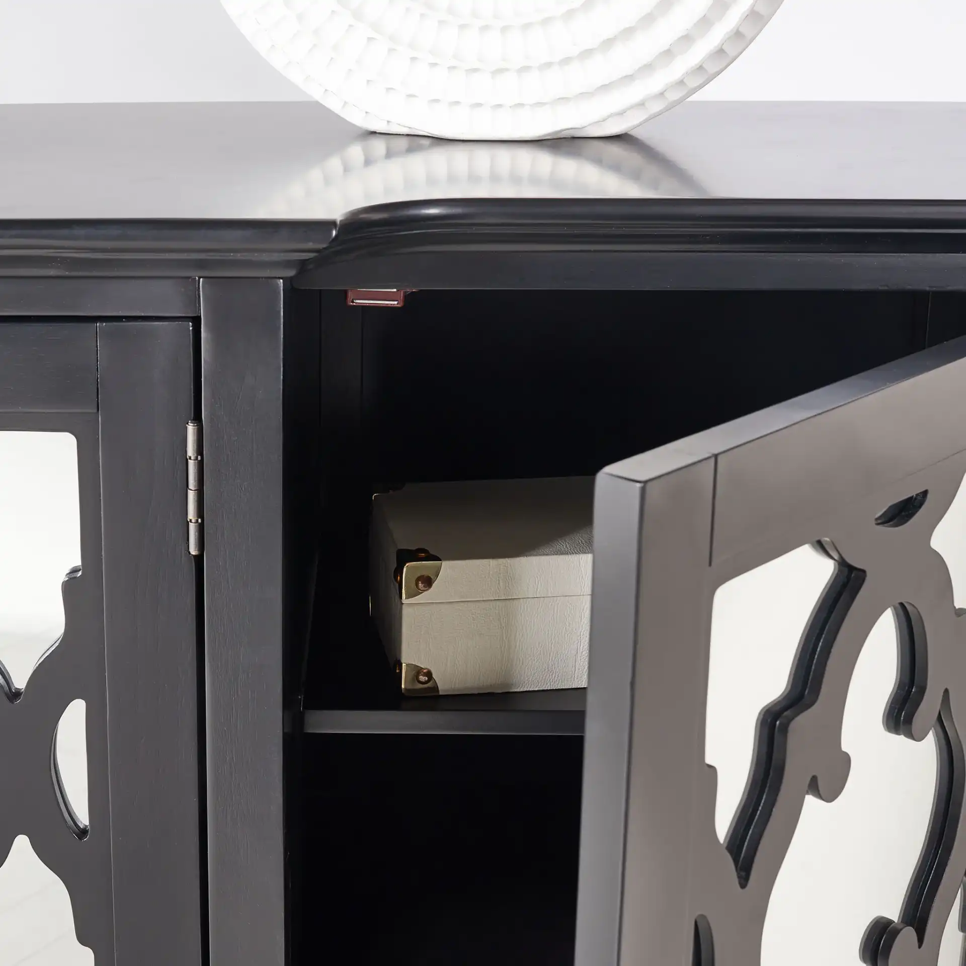 Juliette Mirrored Sideboard in Black in a styled room