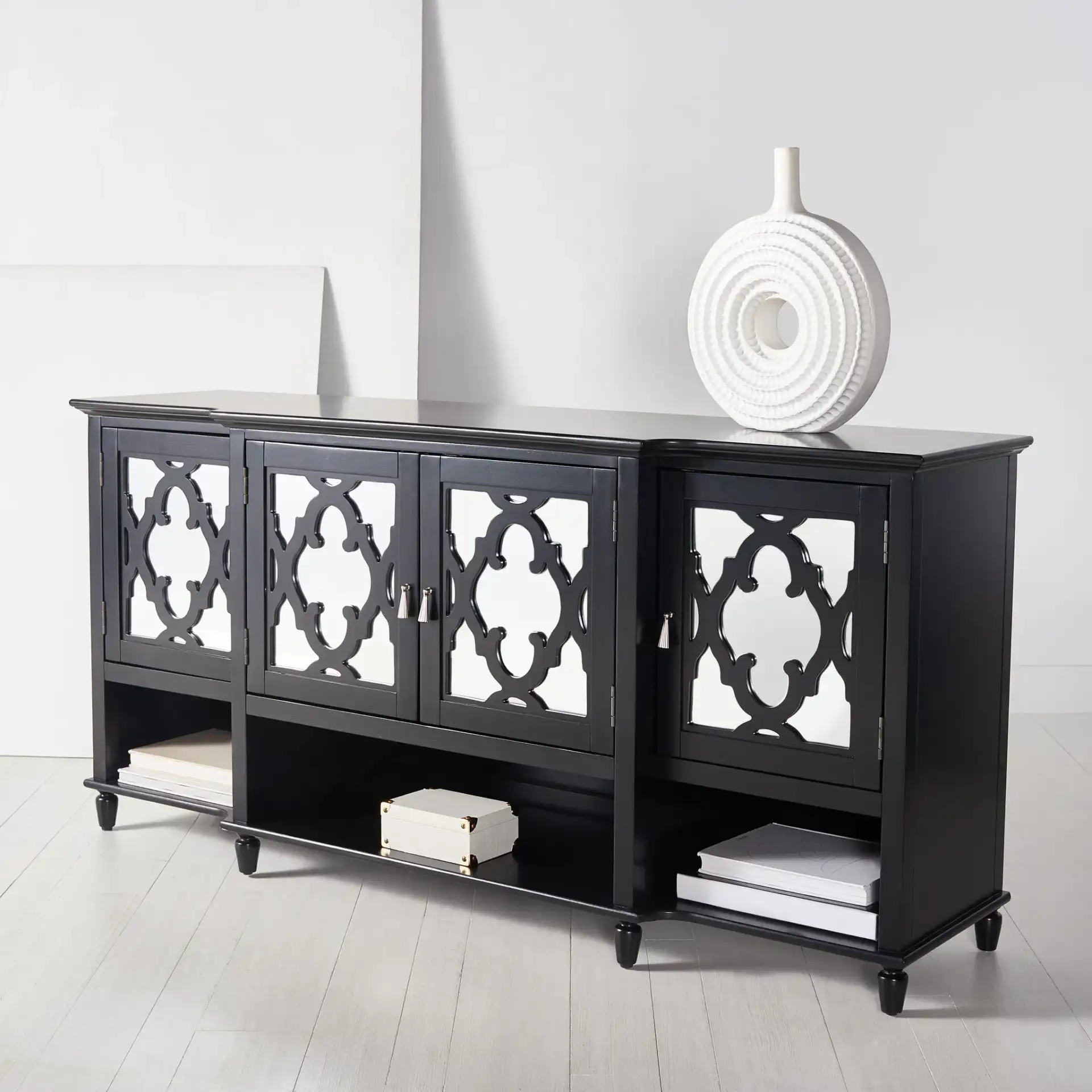 Juliette Mirrored Sideboard in Black in a styled room