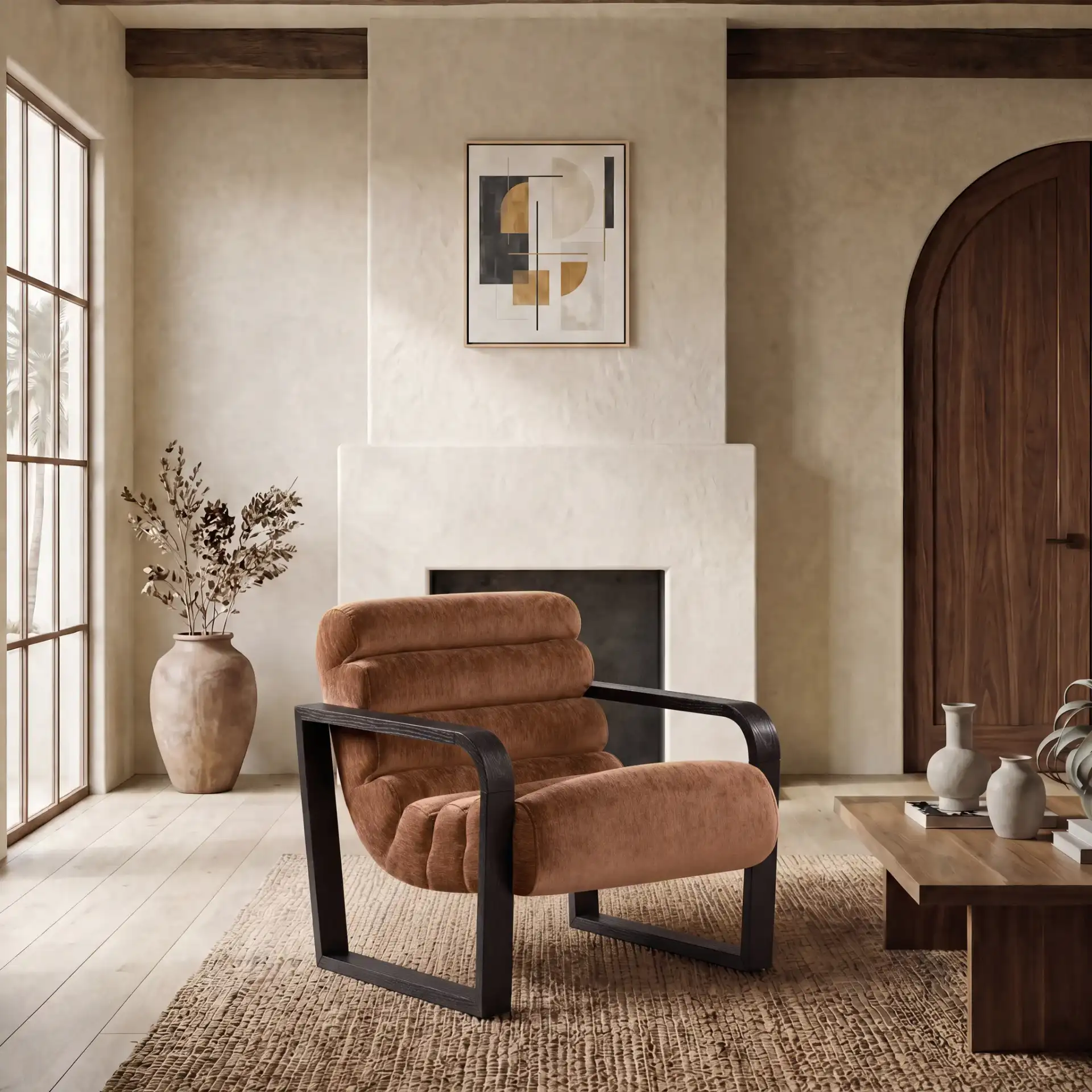 Kellibeth Velvet Lounge Chair in Burnt Orange / Dark Walnut in a styled room