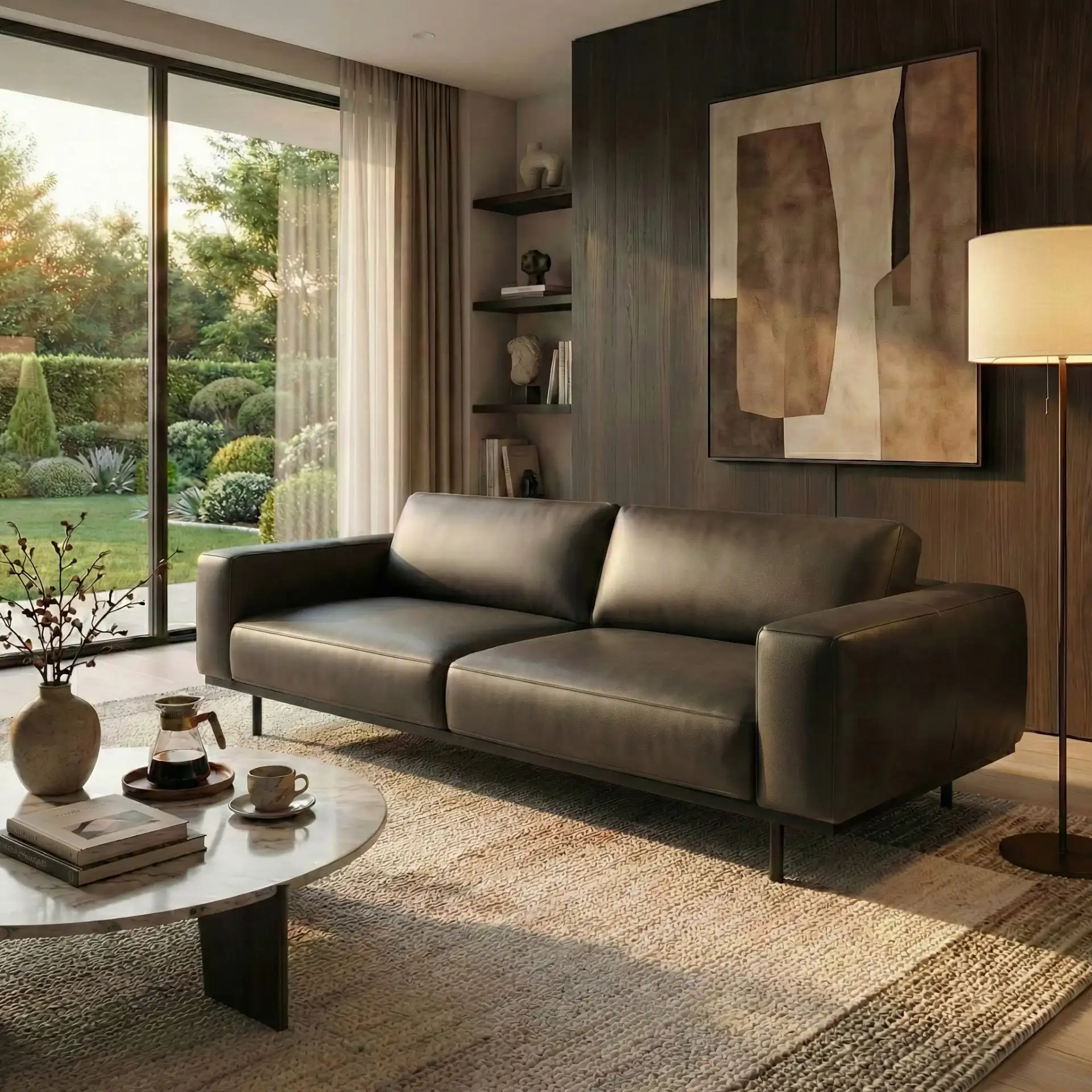 Elyssa Leather Sofa in Graphite in a styled room