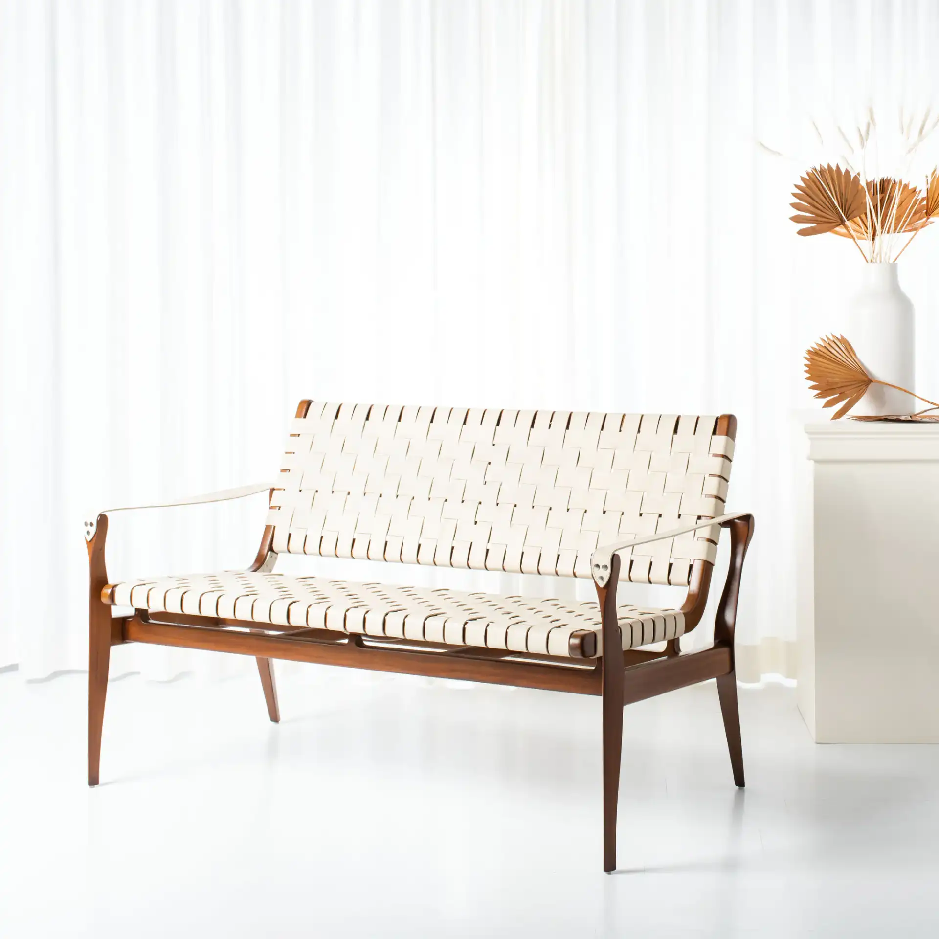 Dilan Leather Loveseat in White / Light Brown in a styled room