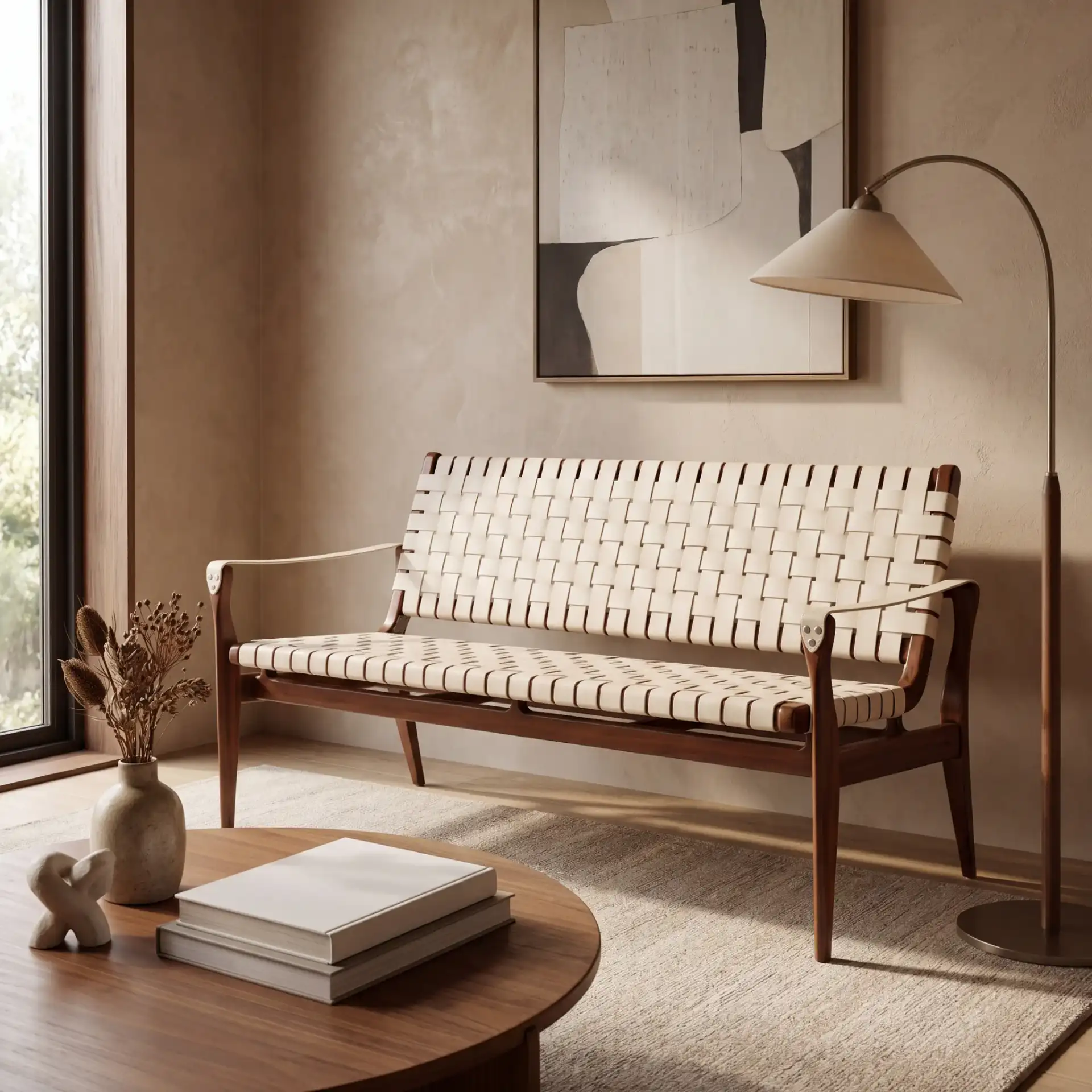 Dilan Leather Loveseat in White / Light Brown in a styled room