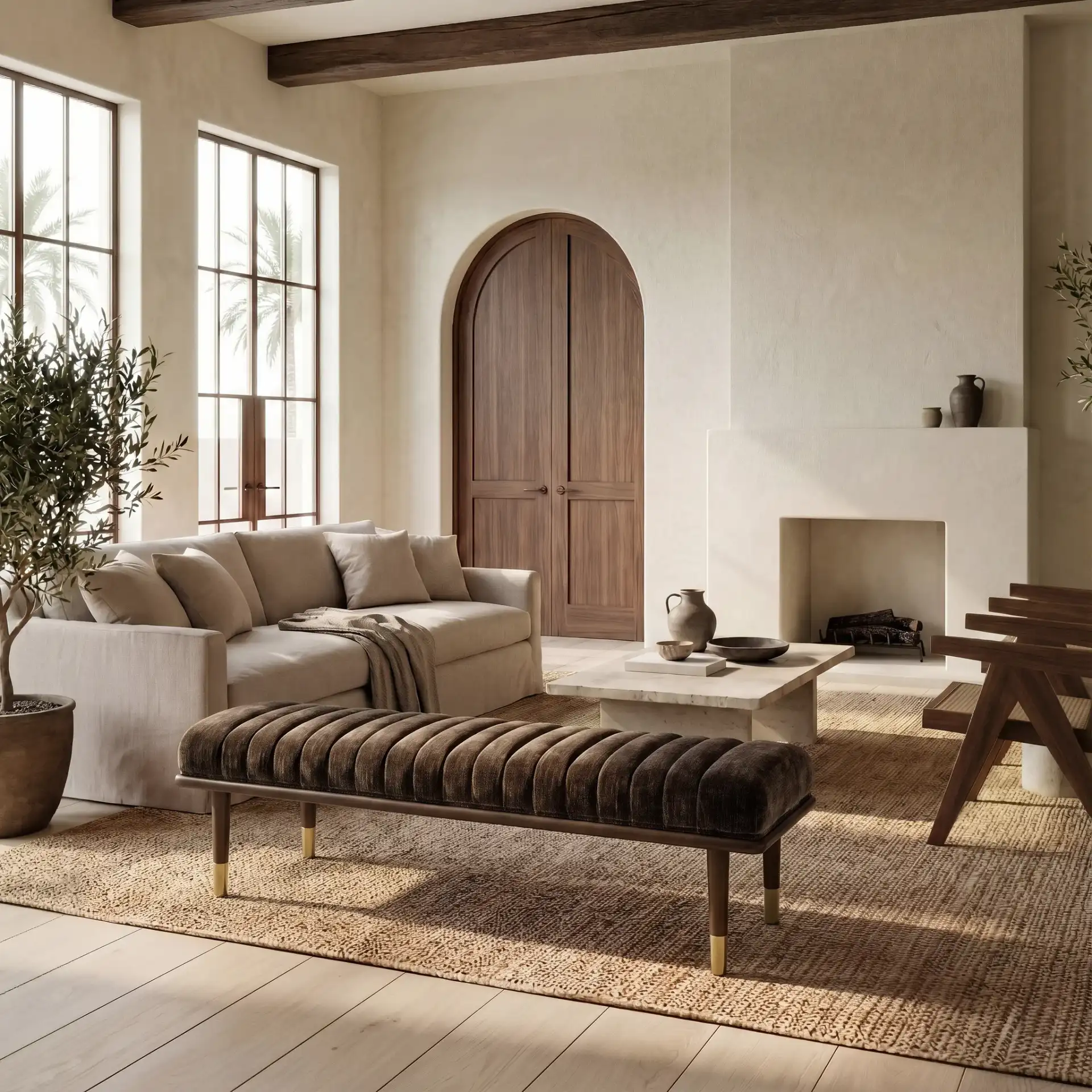 Flannery Mid-Century Bench in Brown / Dark Brown in a styled room