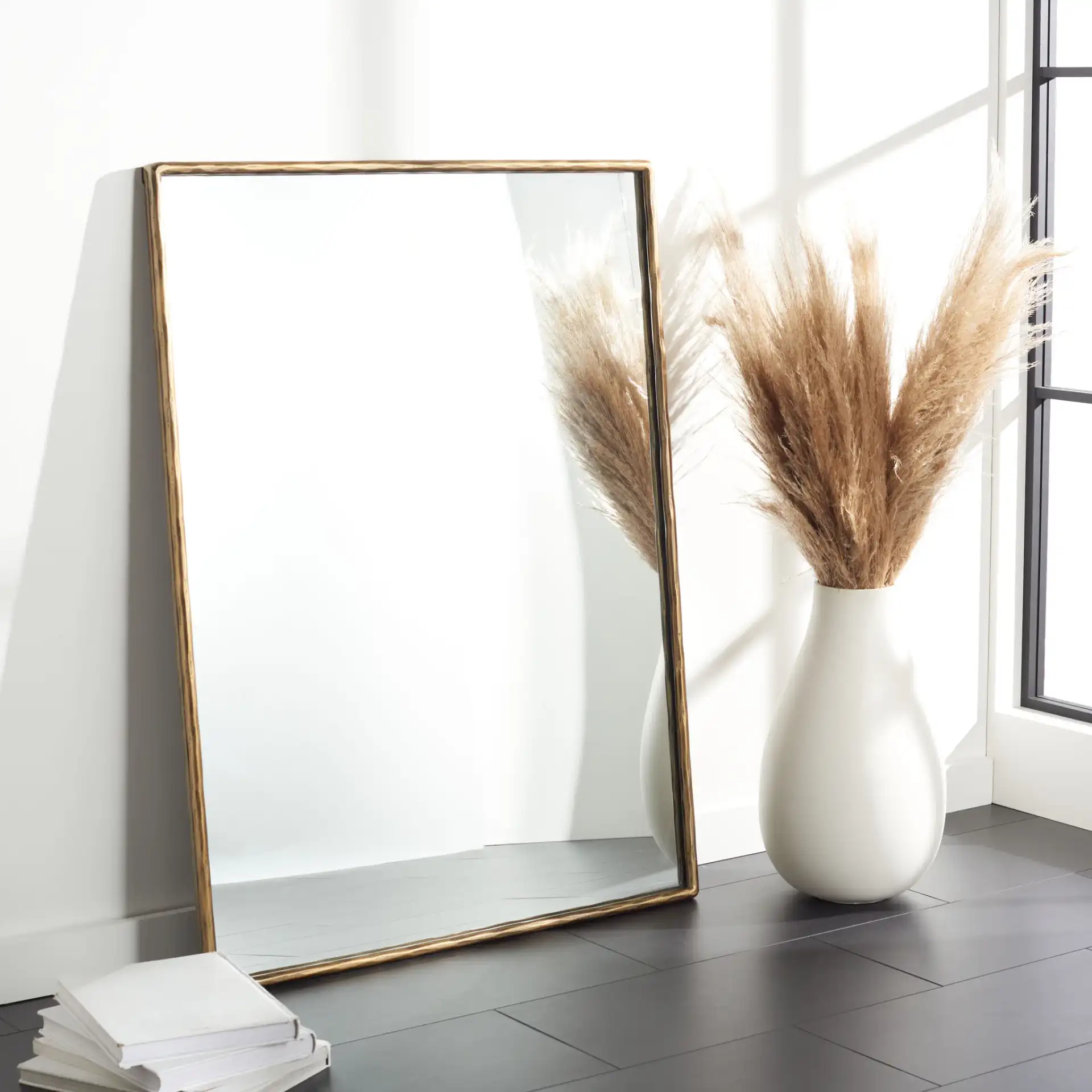 Jessa Large Rectangle Mirror in Brass in a styled room