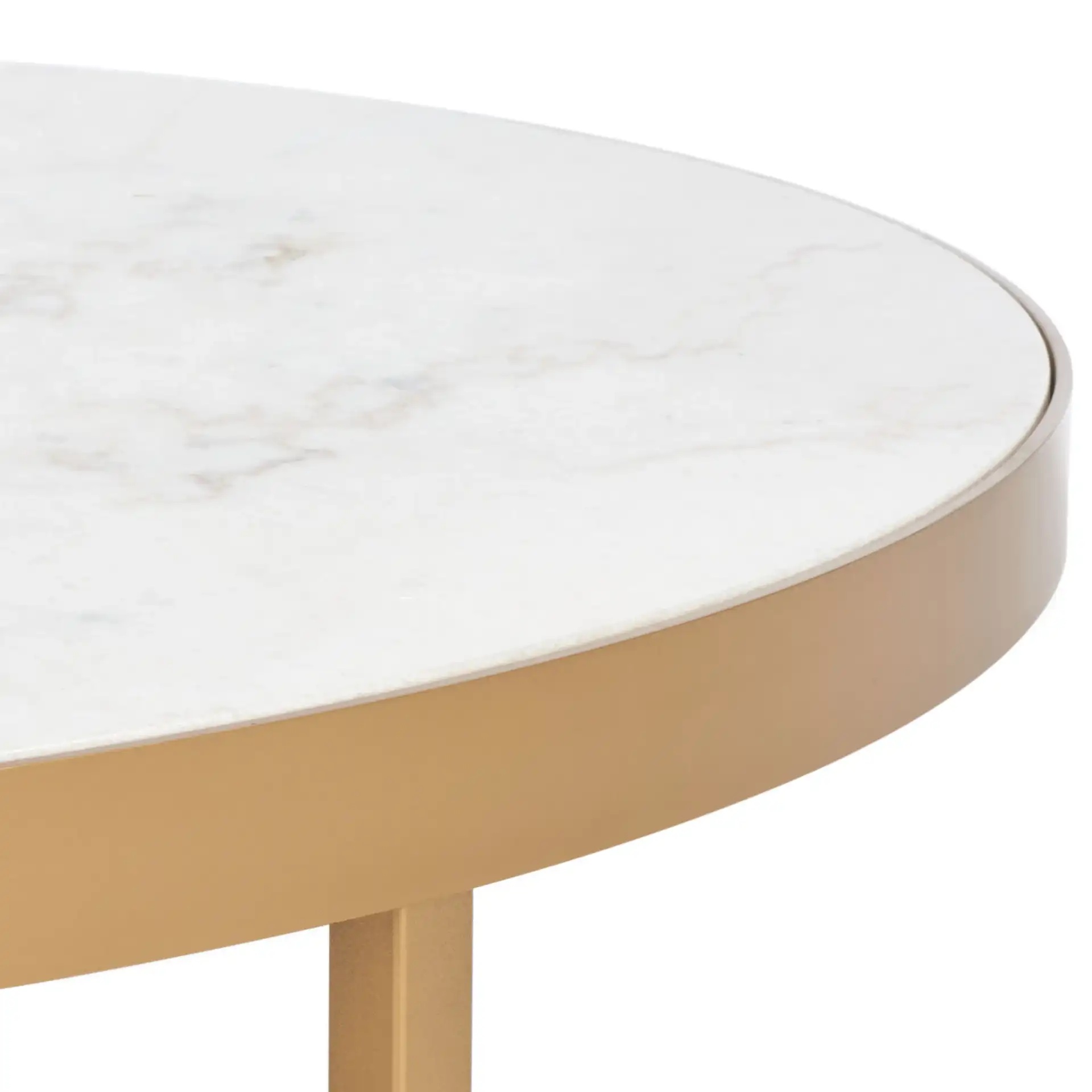 Caralyn Round Marble Coffee Table in White / Brass in a styled room