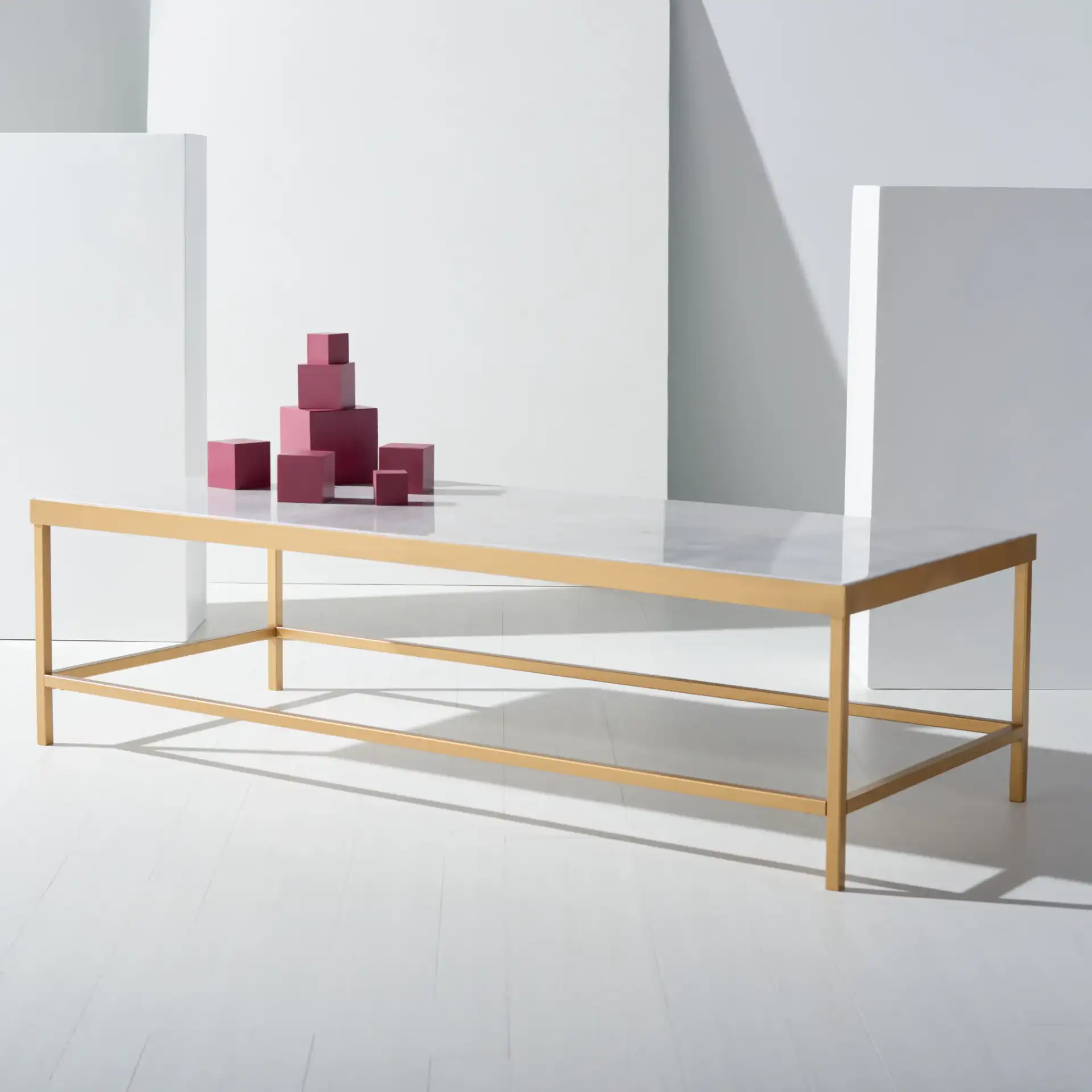Caralyn Rectangular Marble Coffee Table in White / Brass in a styled room