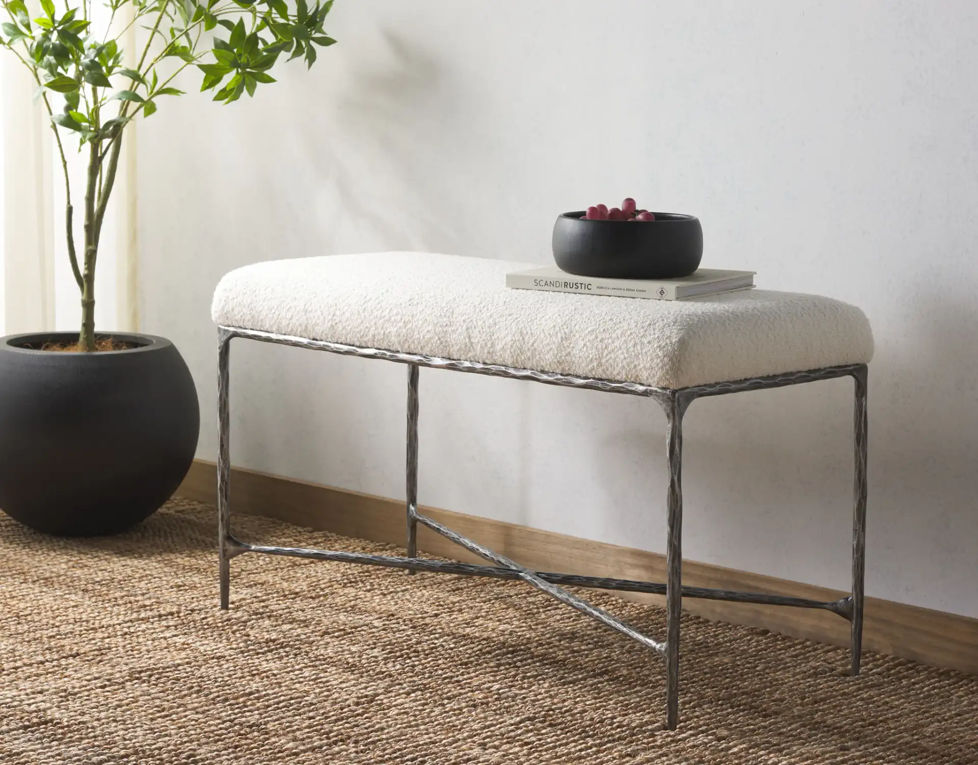 Mandy Boucle And Metal Bench in Ivory / Black in a styled room