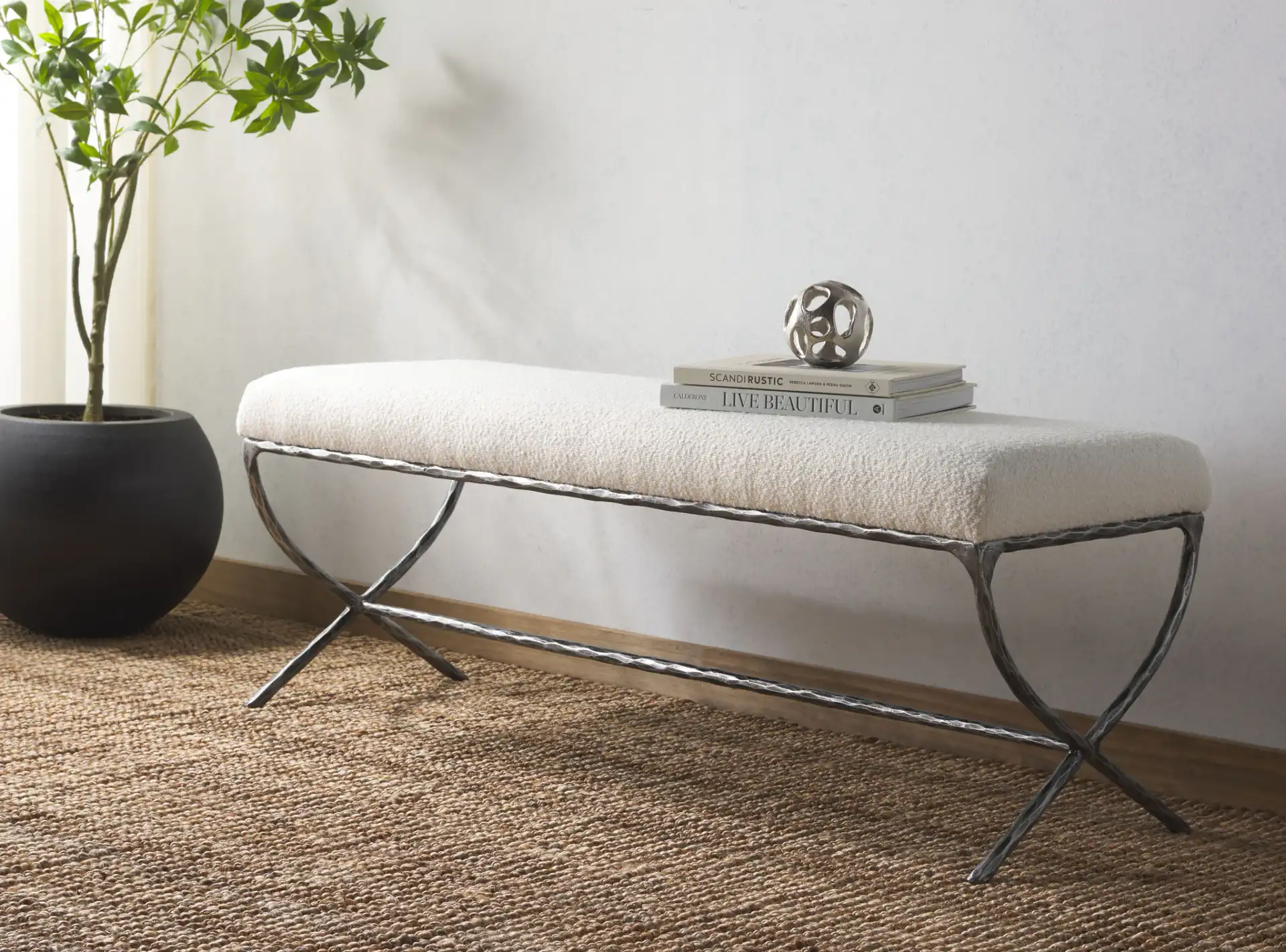 Janeen Boucle And Metal Bench in Ivory / Black in a styled room