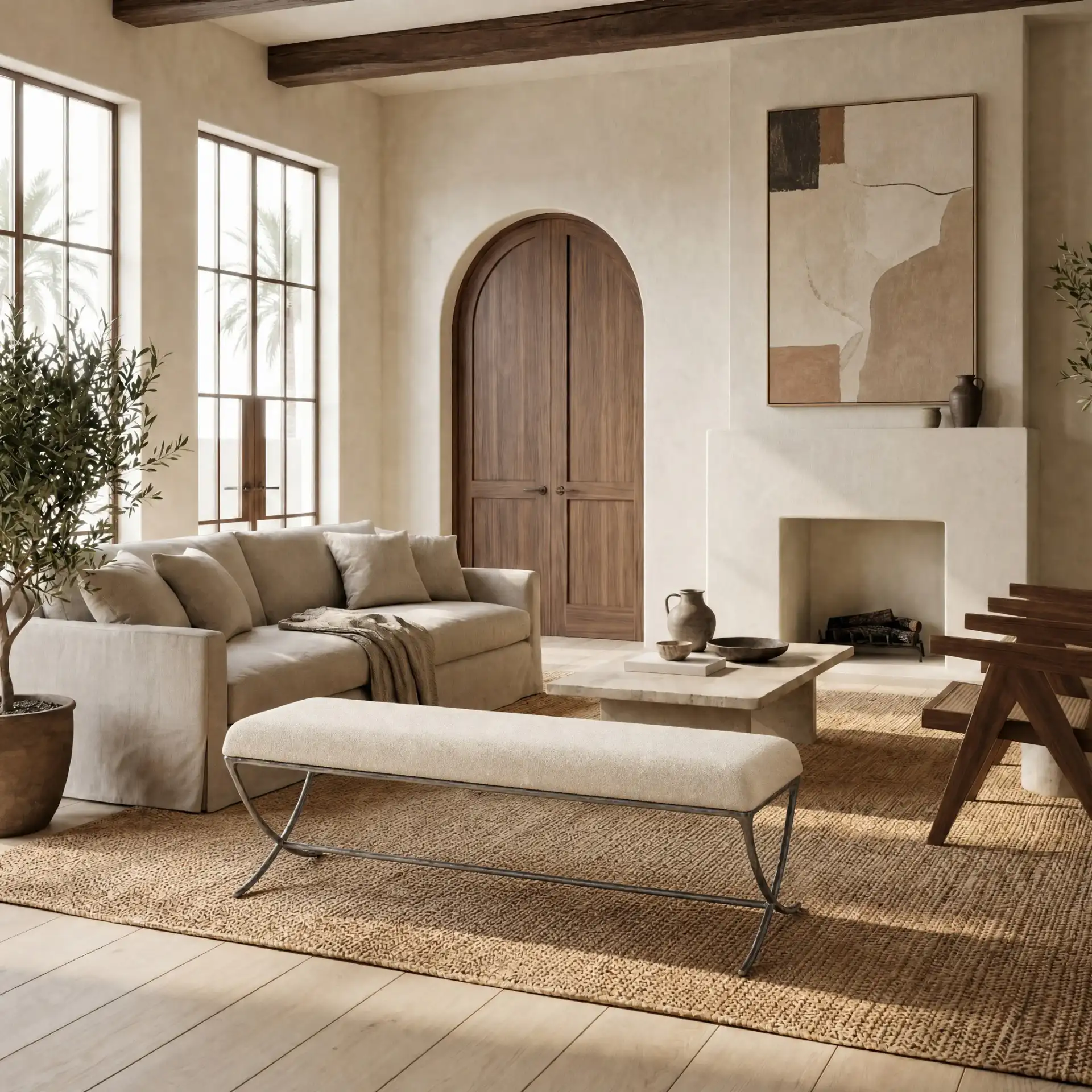 Janeen Boucle And Metal Bench in Ivory / Black in a styled room