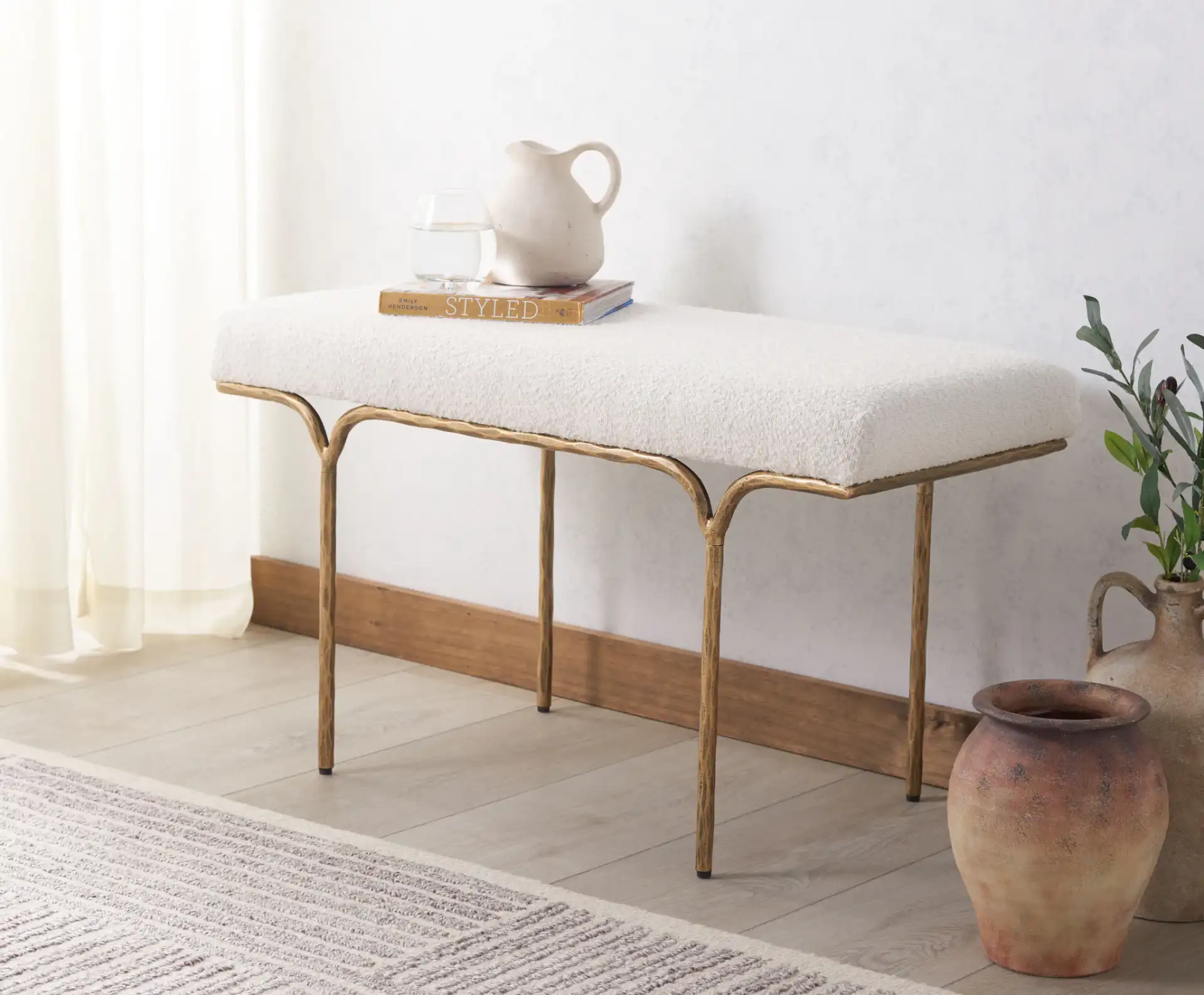 Marvin Boucle 36-Inch Bench in Black / Ivory in a styled room