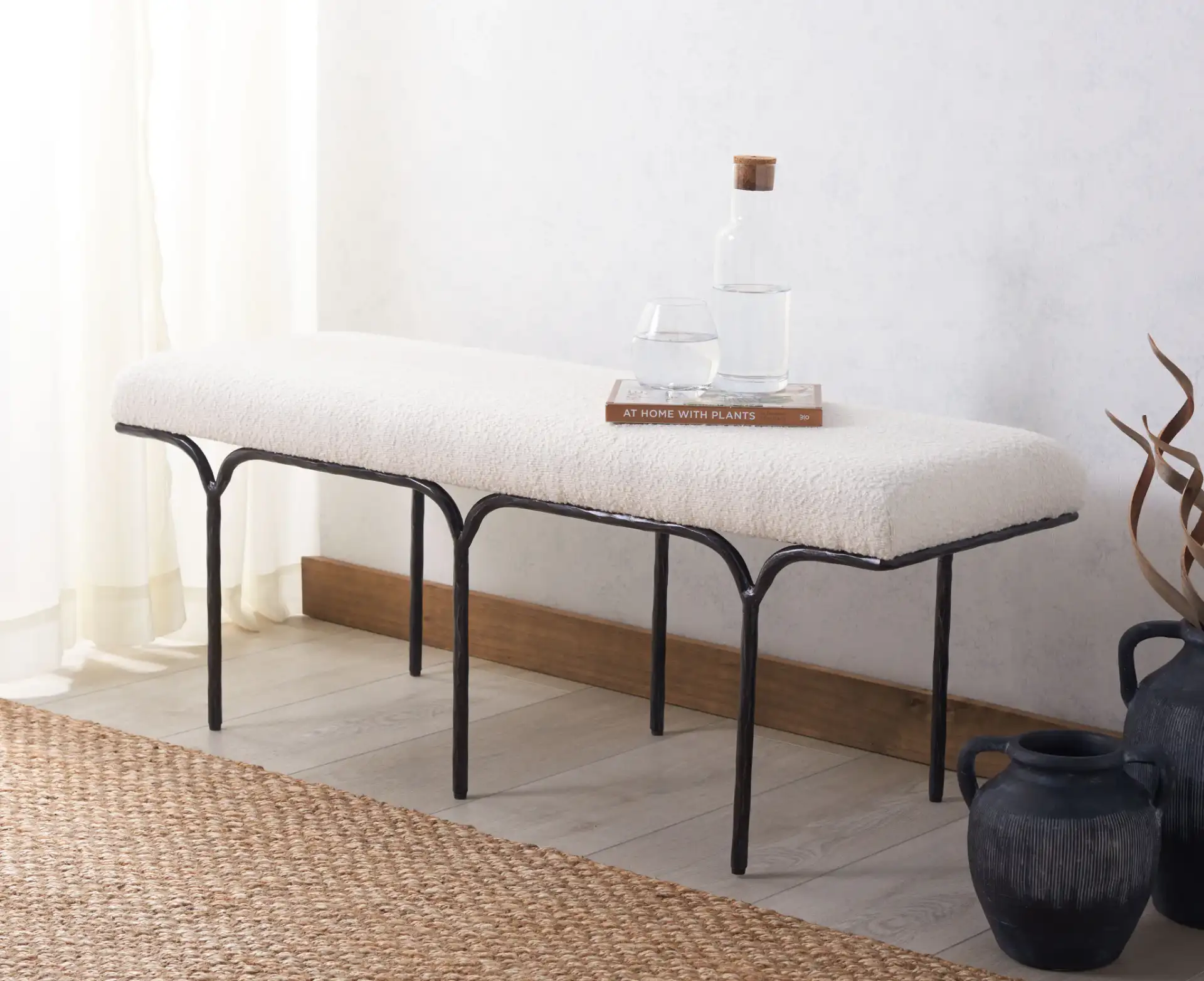 Marvin Boucle 48" Bench in Black / Ivory in a styled room