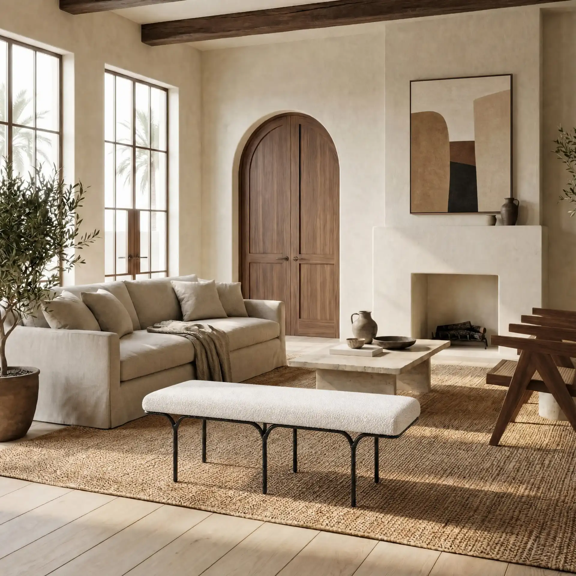 Marvin Boucle 48" Bench in Black / Ivory in a styled room
