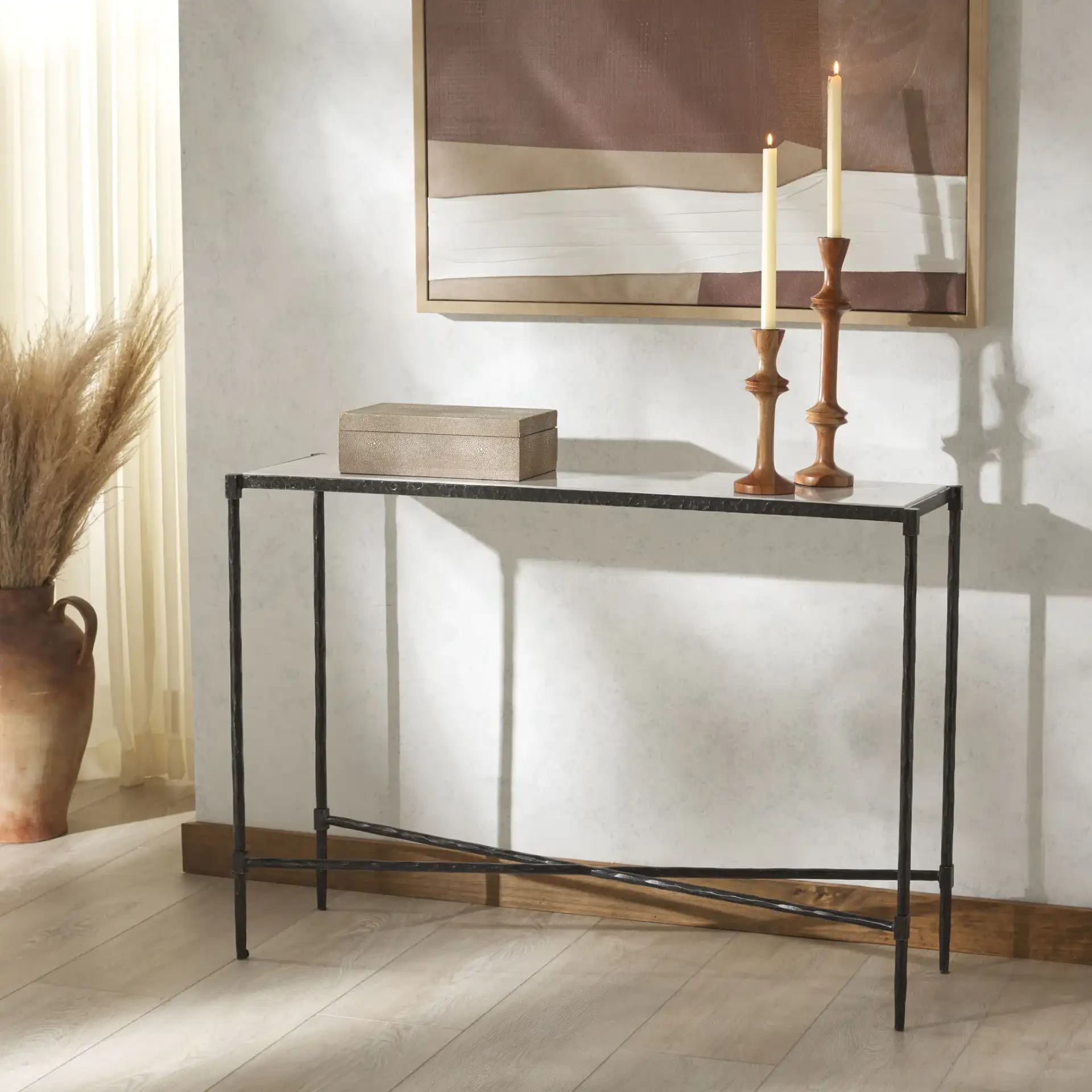 Isabellina Marble Console Table in Black / White in a styled room