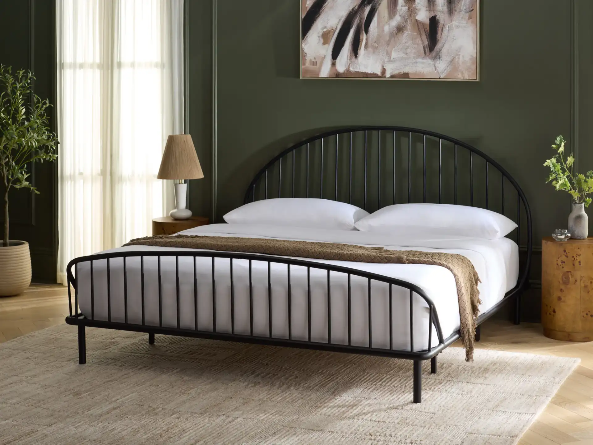 Sheeran Metal Spindle Bed in Black in a styled room
