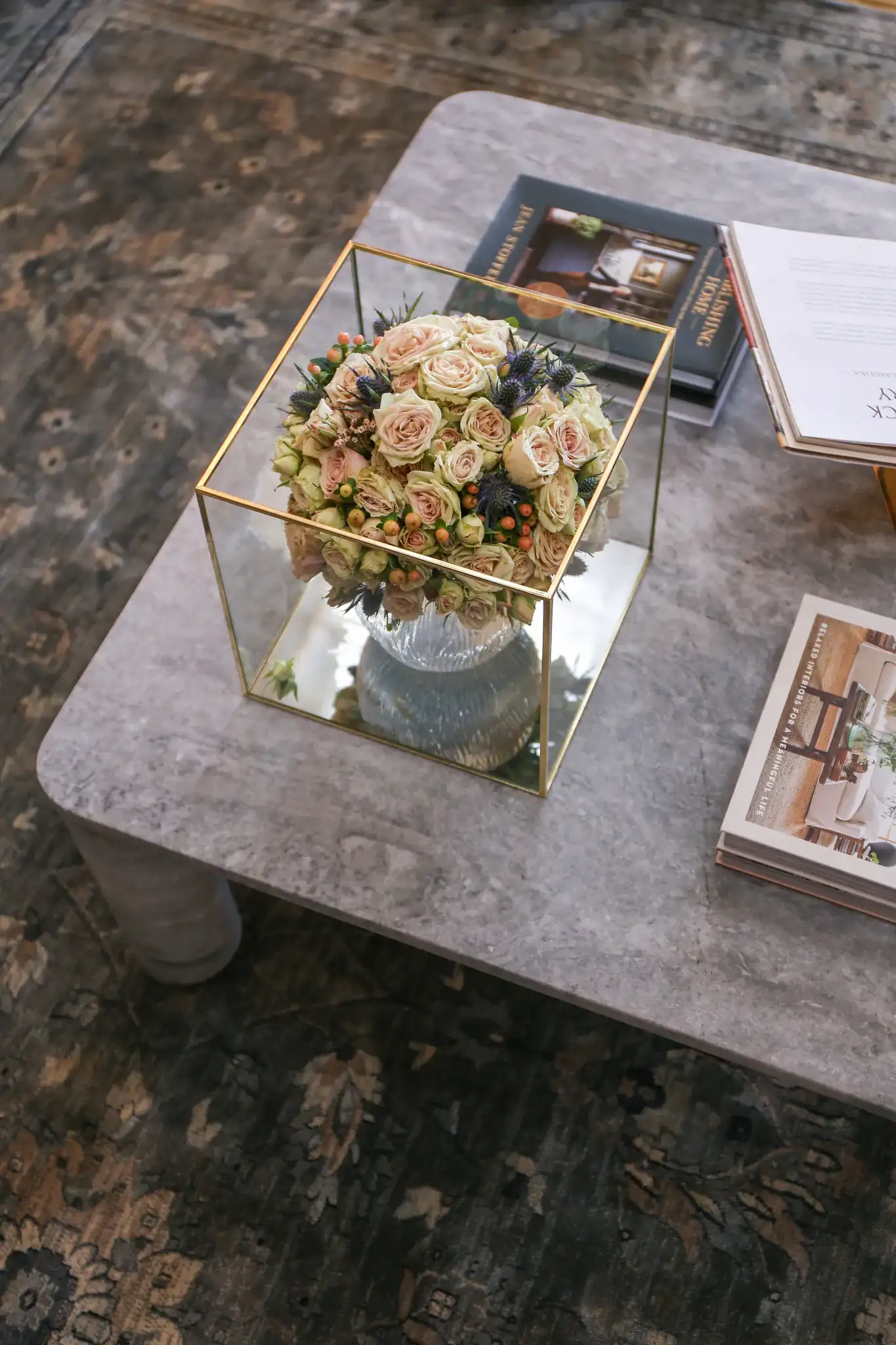 Nicoletta Marble Coffee Table in Light Gray in a styled room