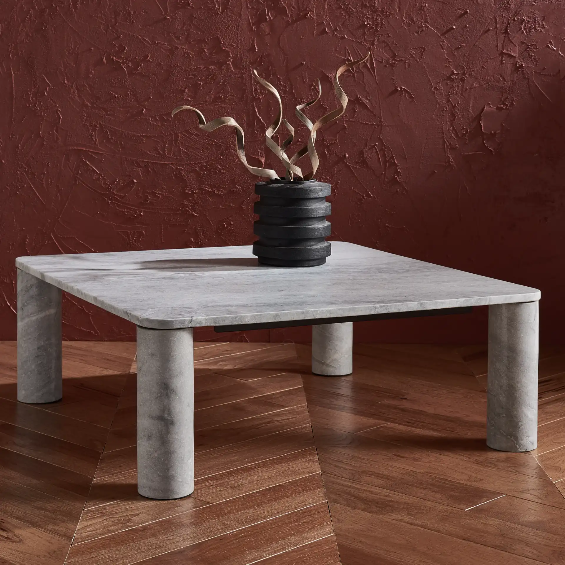 Nicoletta Marble Coffee Table in Light Gray in a styled room