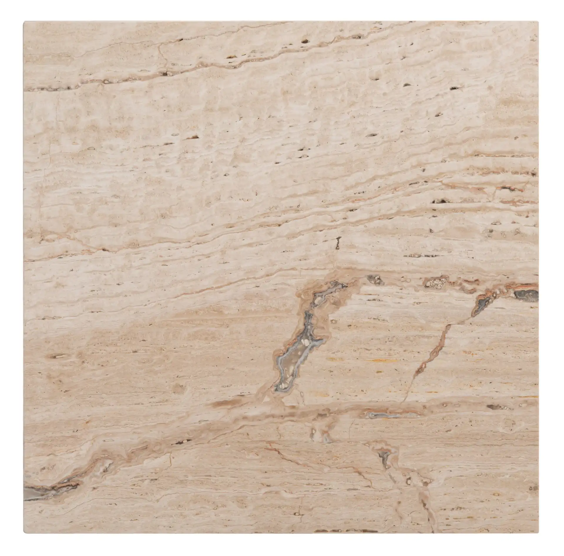 Olivia Square Travertine Accent Table in Brown, detail view