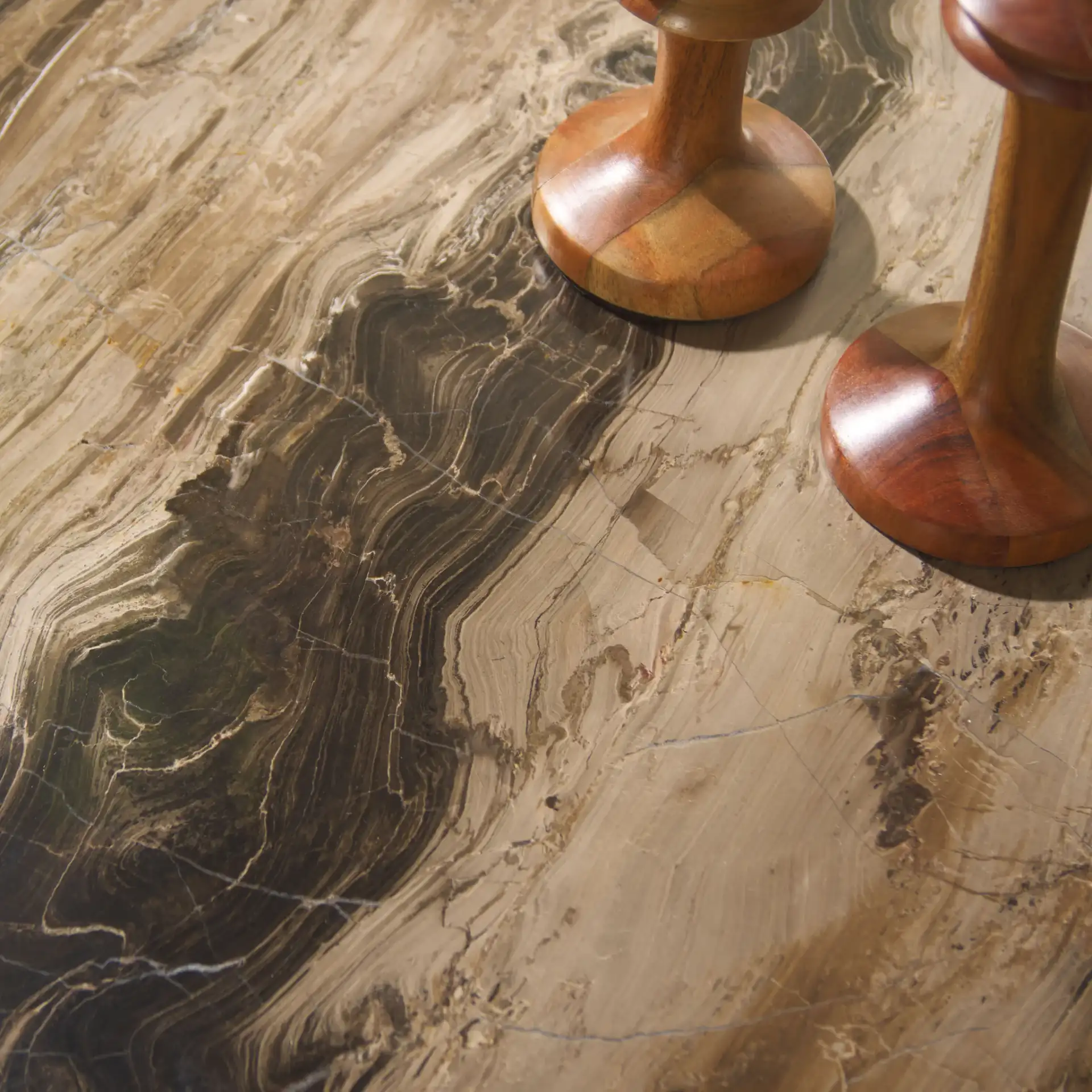 Olivia Square Travertine Accent Table in Brown in a styled room