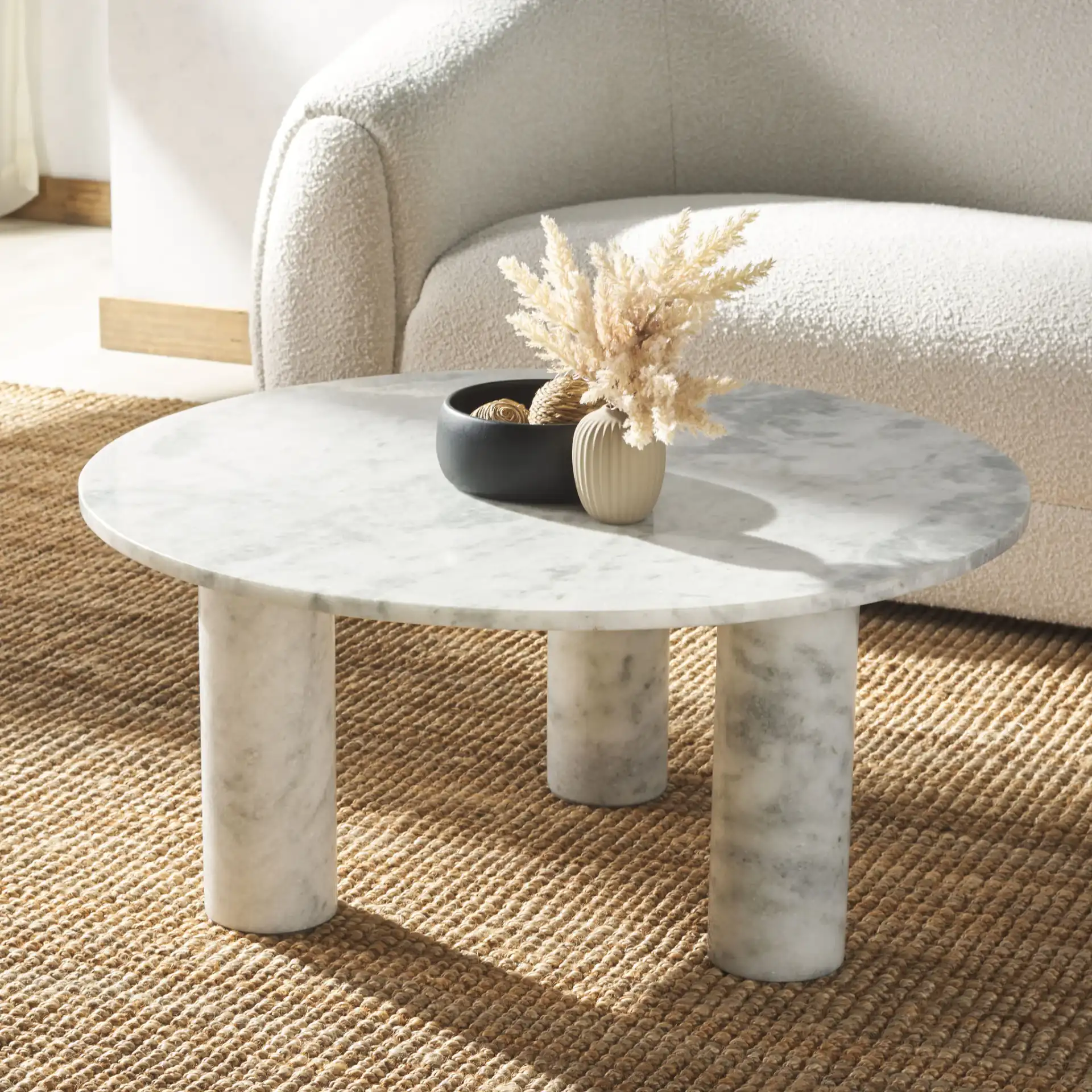 Giabella Marble Coffee Table in White / Brown in a styled room