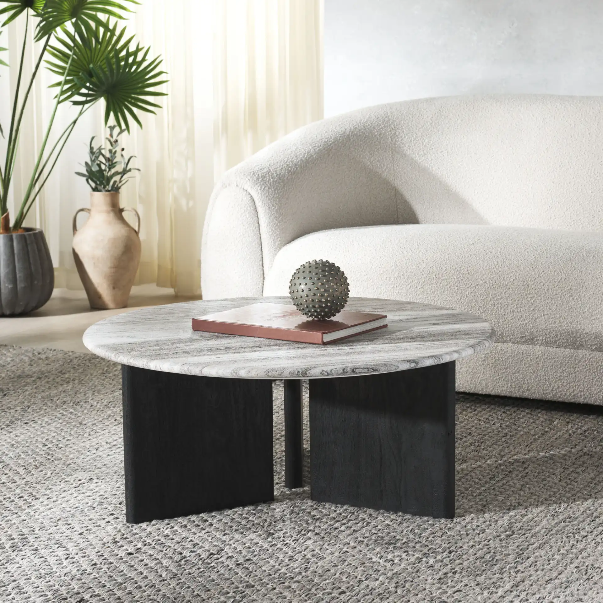 Lauresse Marble Coffee Table in Walnut / Gray in a styled room