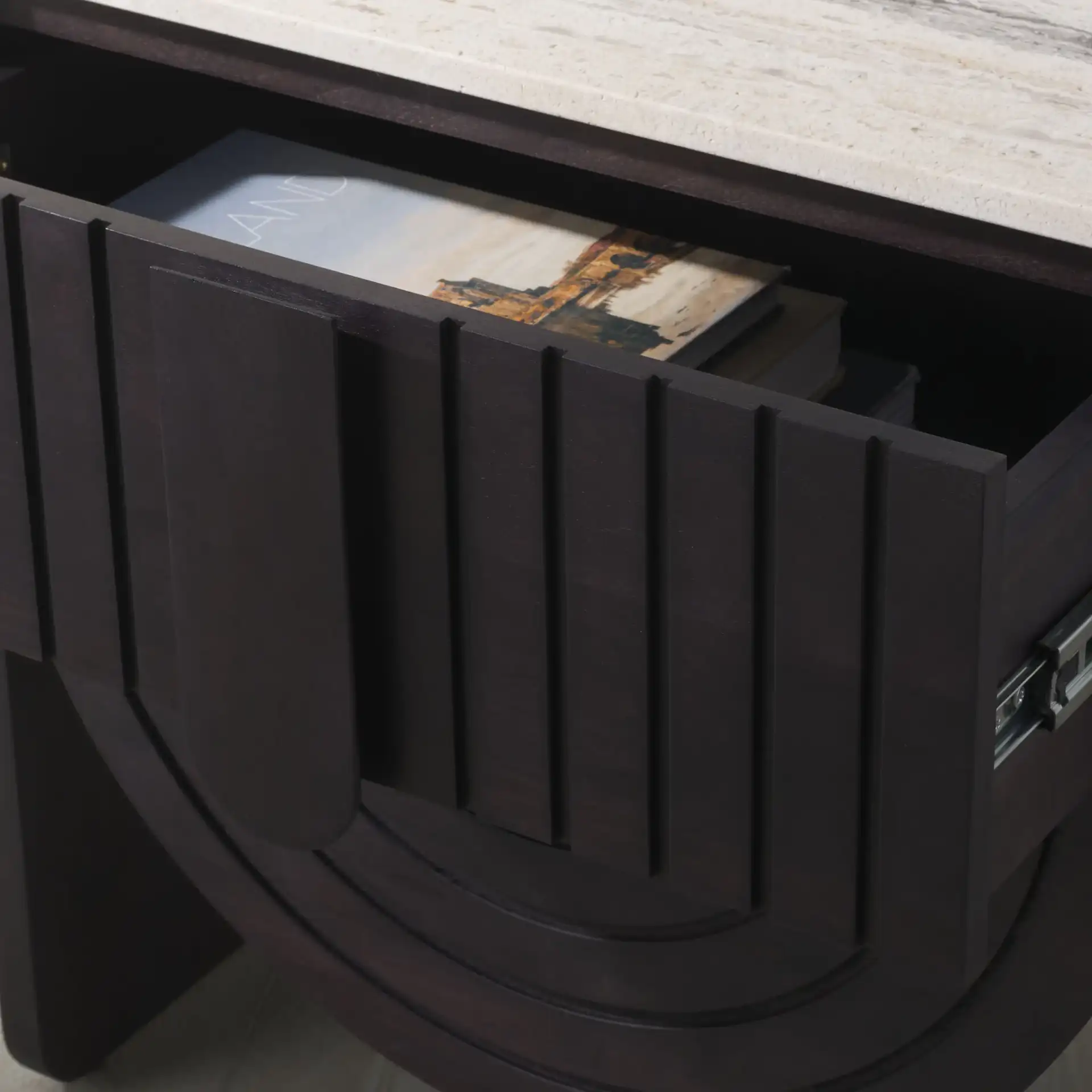 Floris Travertine Nightstand in Travertine / Black in a styled room