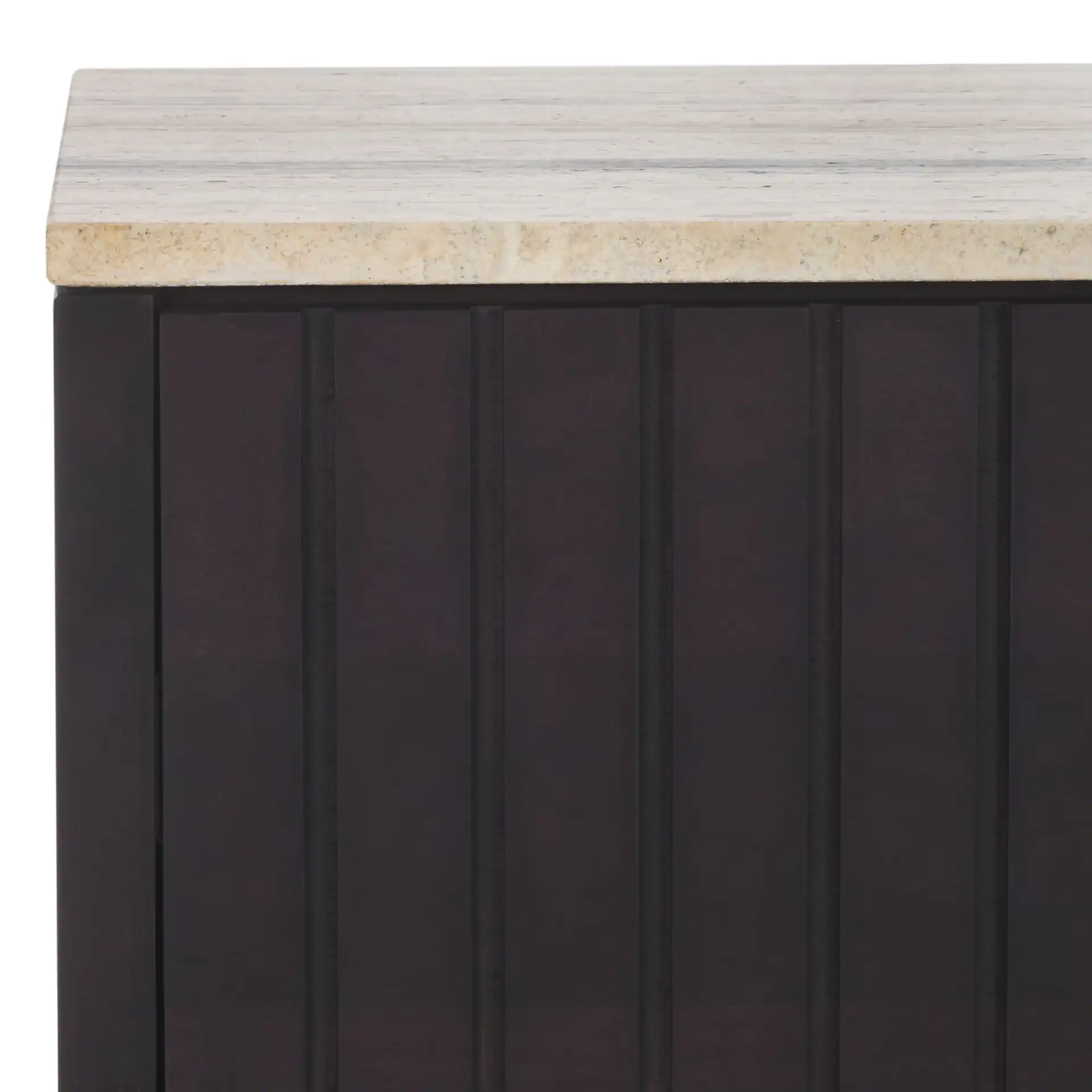 Floris Travertine Nightstand in Travertine / Black in a styled room