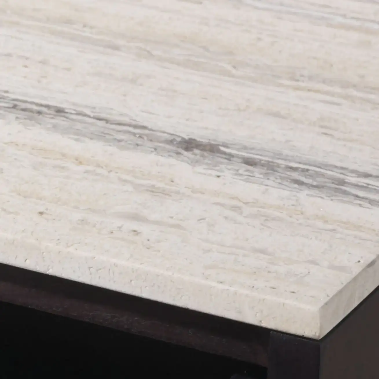 Floris Travertine Nightstand in Travertine / Black in a styled room