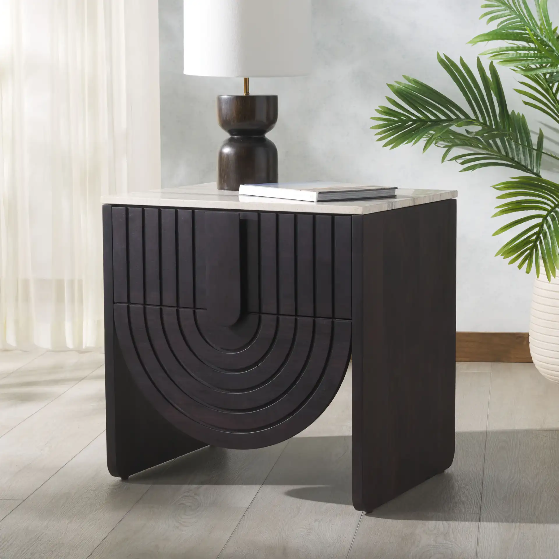 Floris Travertine Nightstand in Travertine / Black in a styled room