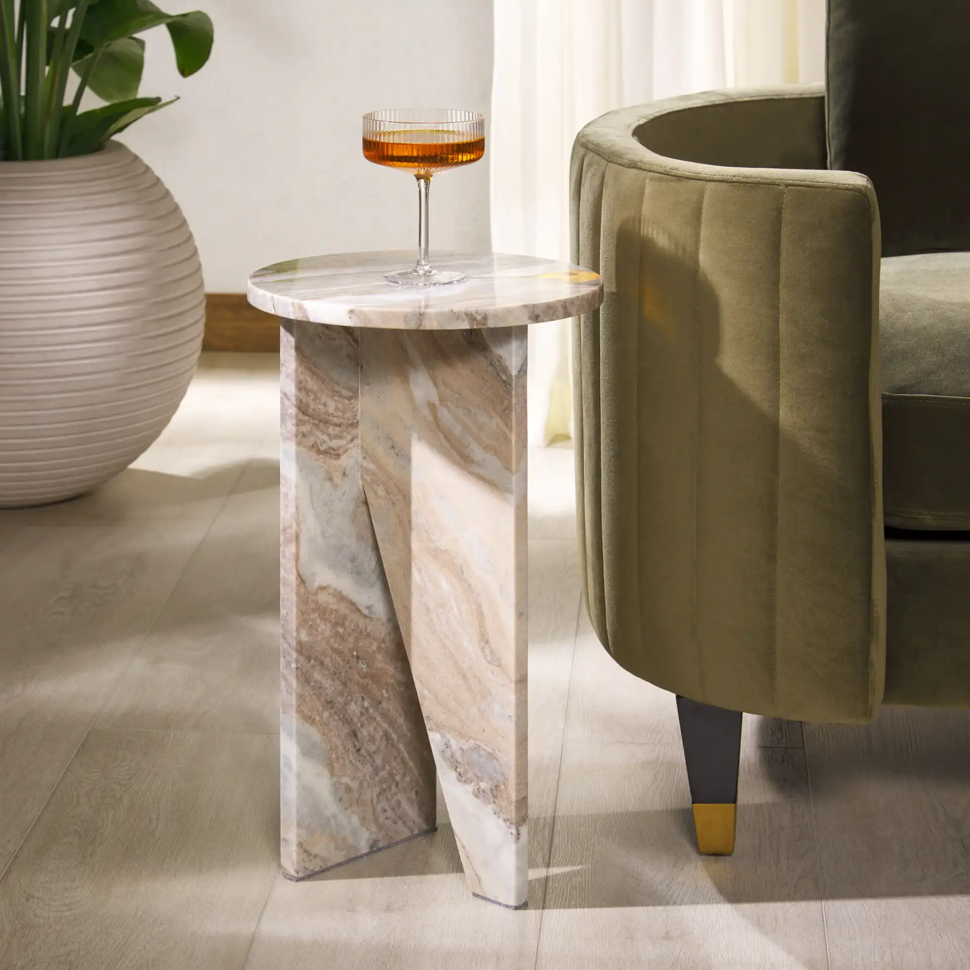 Devlin Marble Drink Table in Brown in a styled room