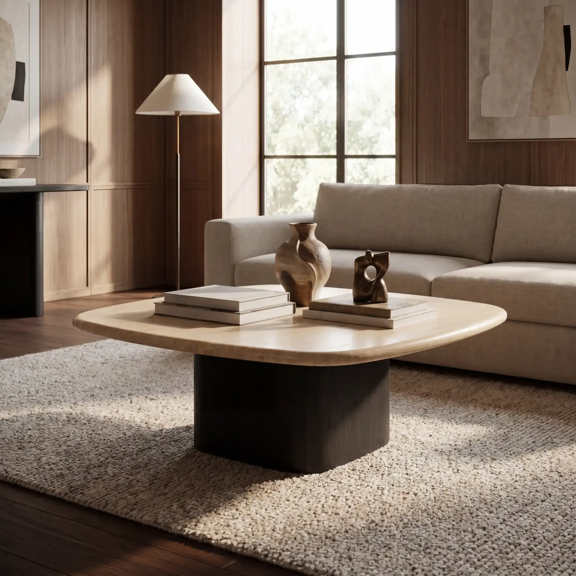 Celestyn Square Travertine Coffee Table in Travertine / Black in a styled room