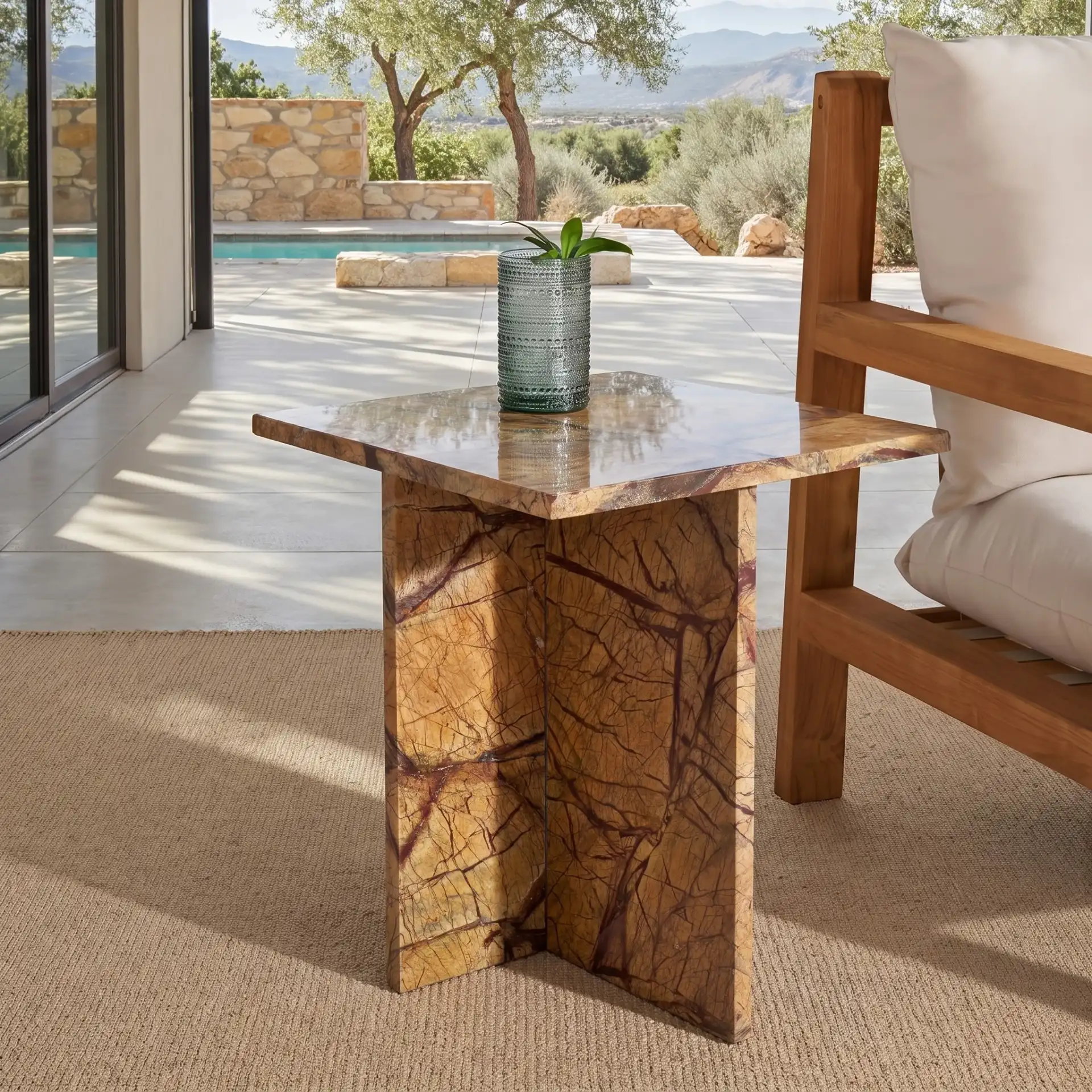 Adriano Marble Accent Table in Beige / Brown in a styled room