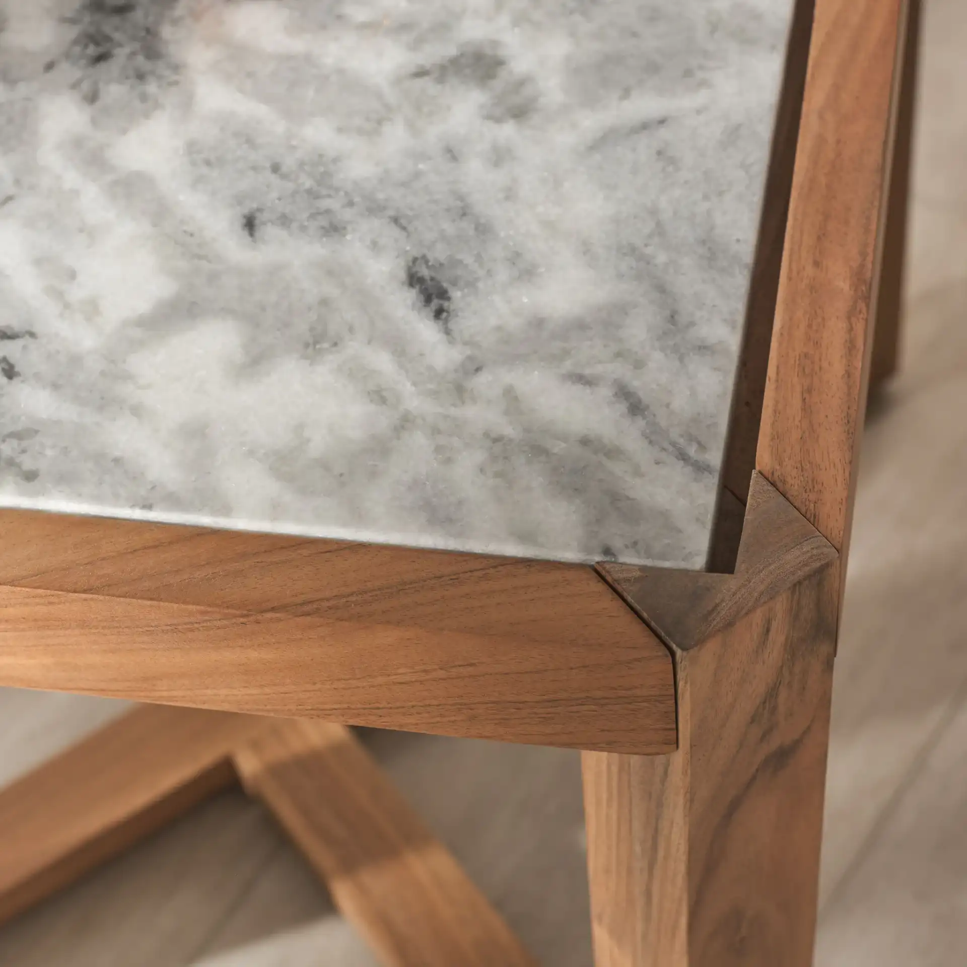 Bernardi Marble Top Accent Table in Natural / White in a styled room