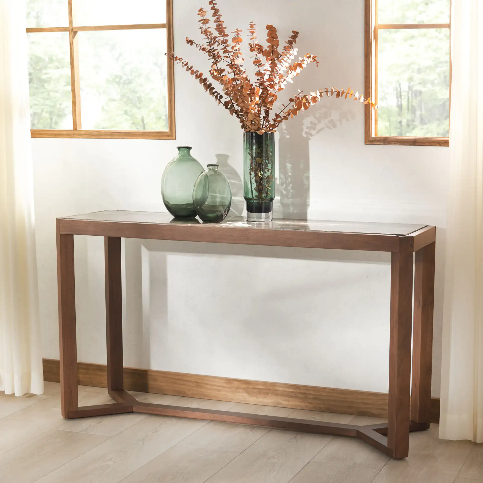 Bernardi Marble Top Console Table in Natural / White in a styled room