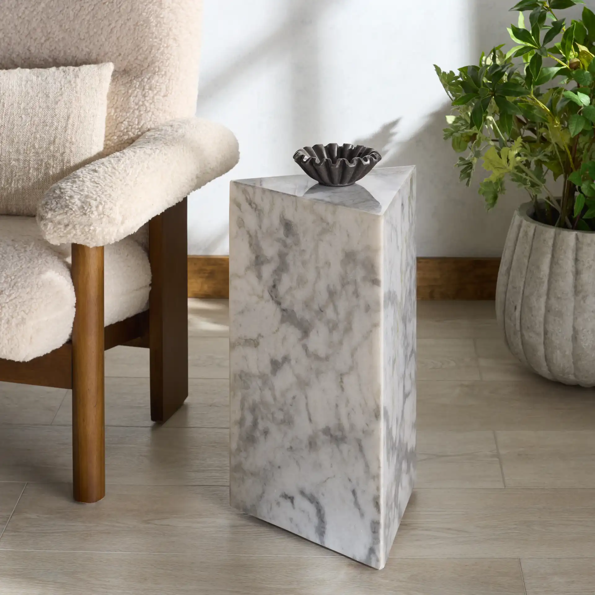 Leahbryanna Triangle Drink Table in White in a styled room
