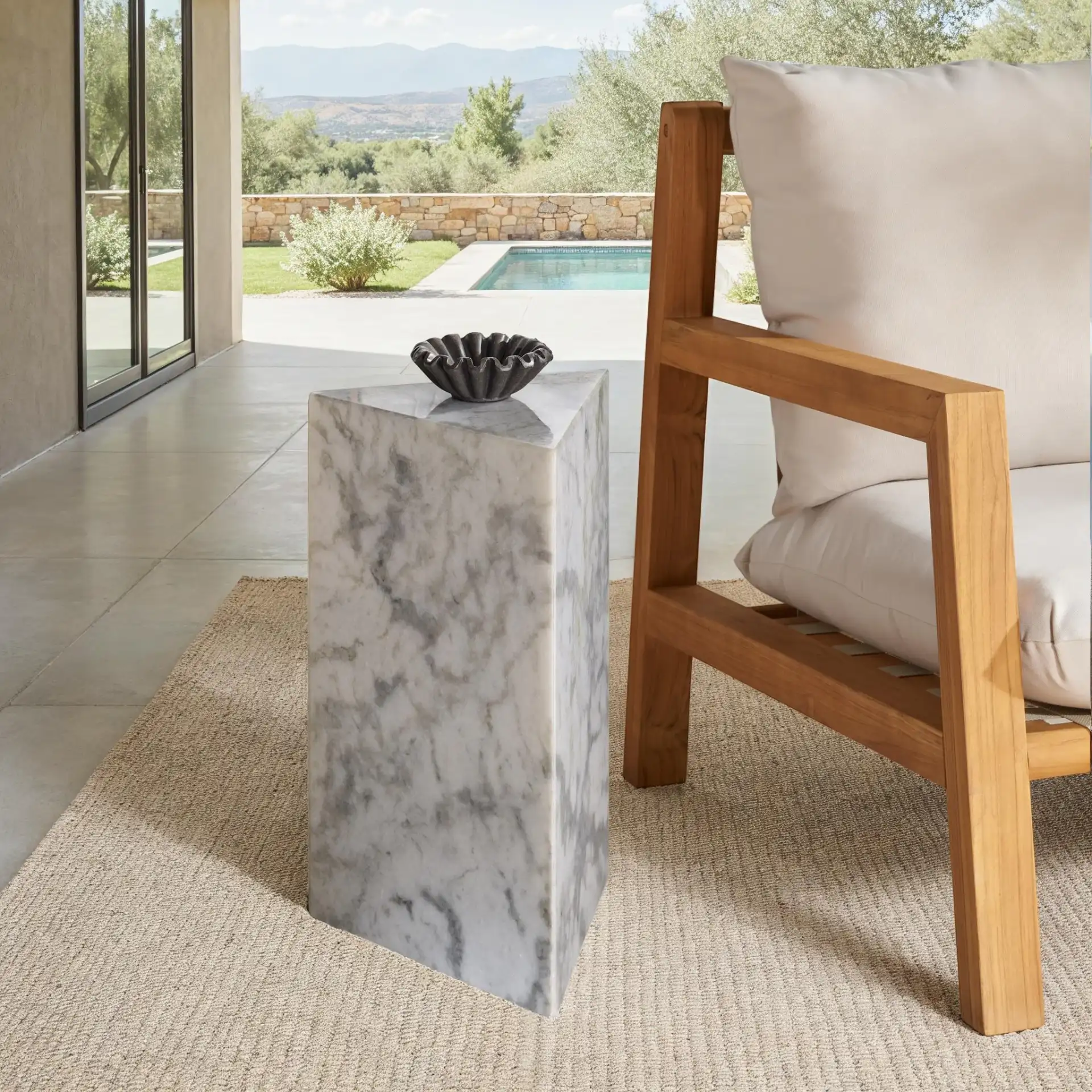 Leahbryanna Triangle Drink Table in White in a styled room