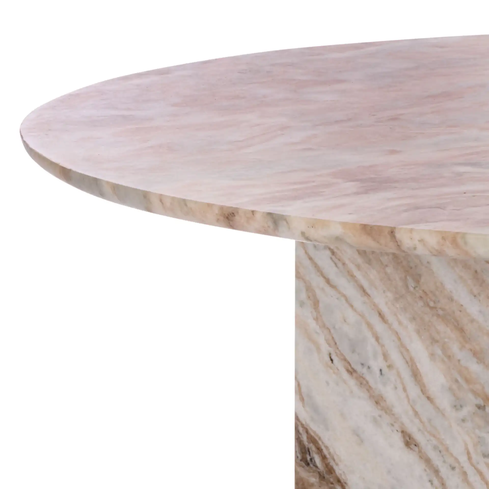 Bindi 3 Leg Marble Dining Table in White / Brown in a styled room
