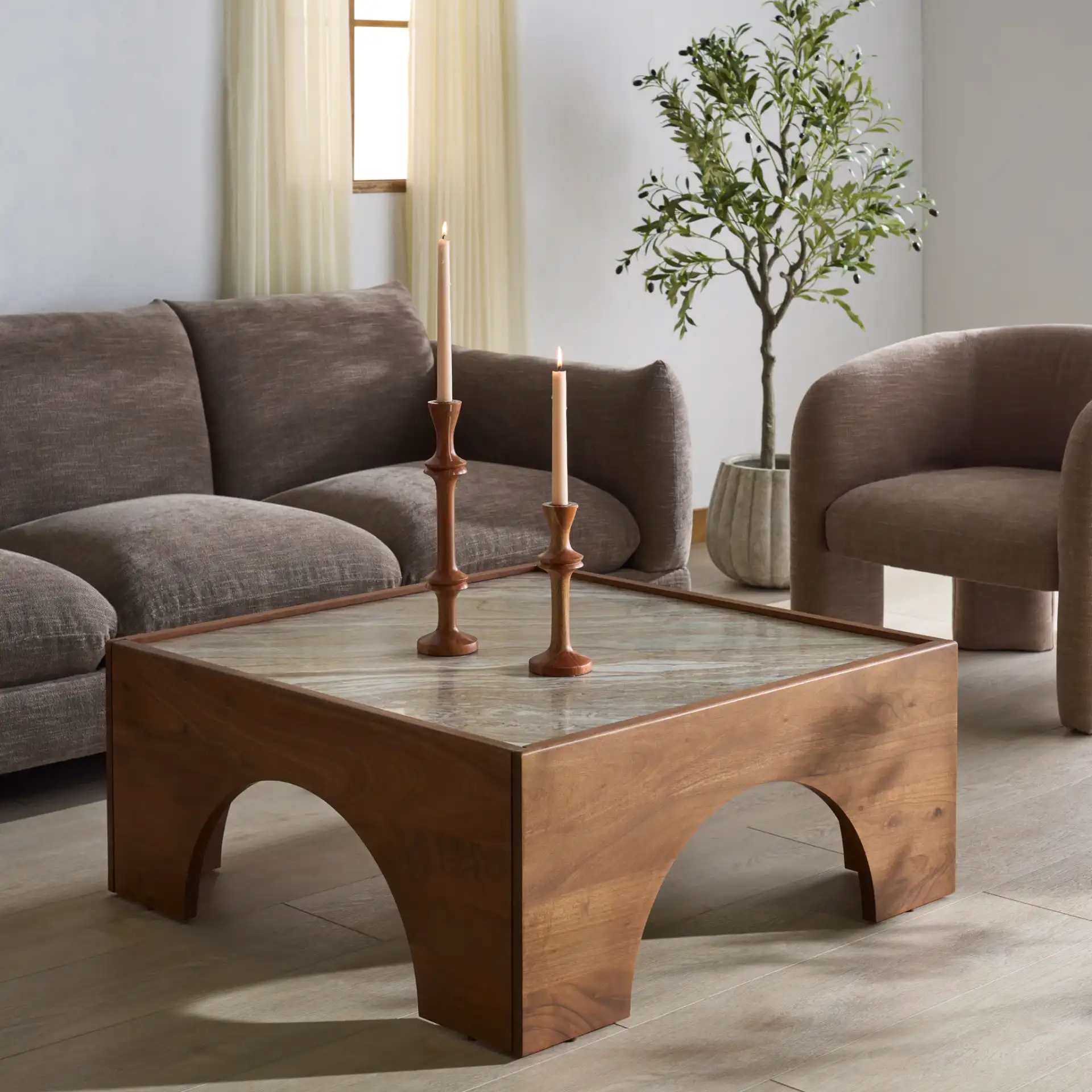 Jaslina Marble Top Coffee Table in Dark Walnut / Brown in a styled room