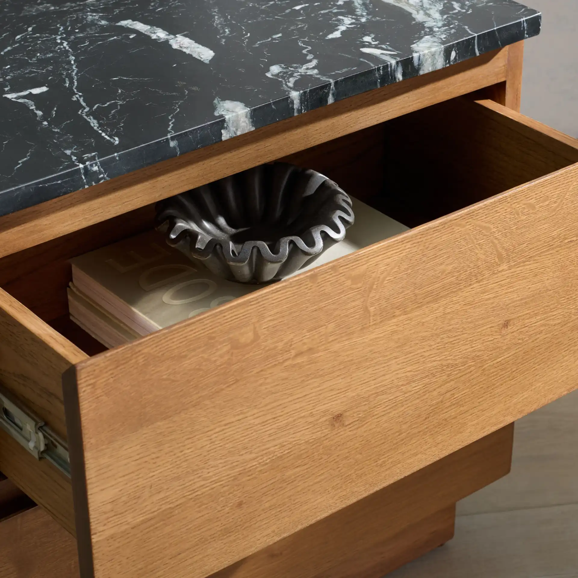 Lilybelle Marble Top Nightstand in Walnut / Black in a styled room