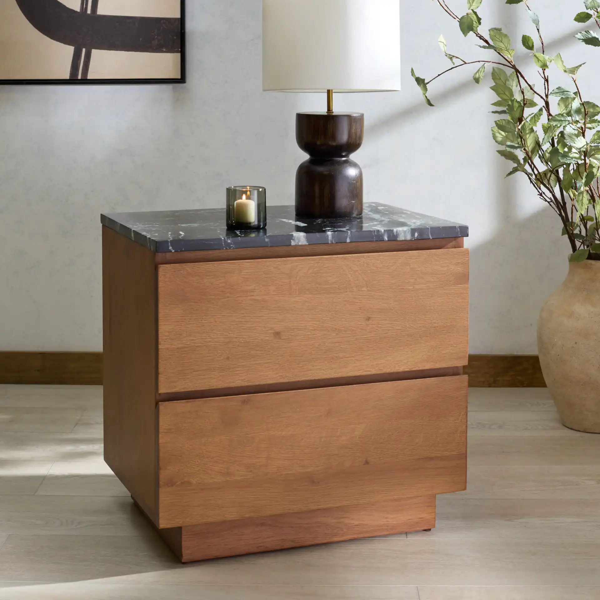 Lilybelle Marble Top Nightstand in Walnut / Black in a styled room
