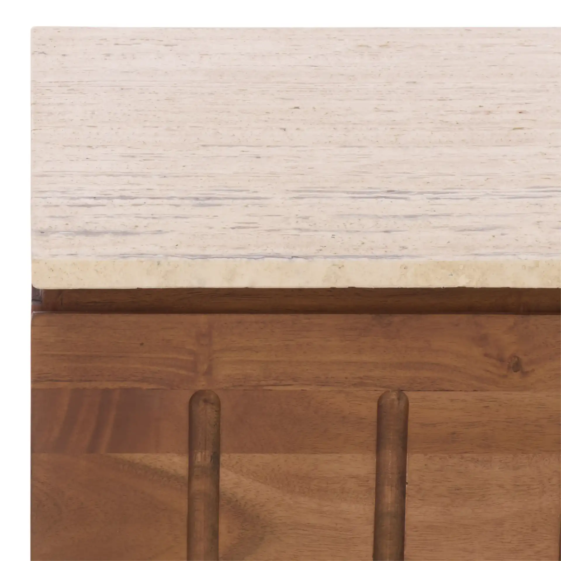 Kaylissa Travertine Nightstand in Travertine / Walnut in a styled room
