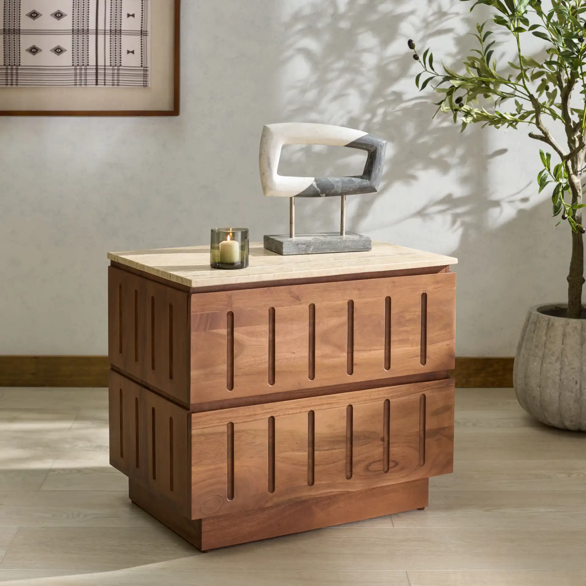Kaylissa Travertine Nightstand in Travertine / Walnut in a styled room