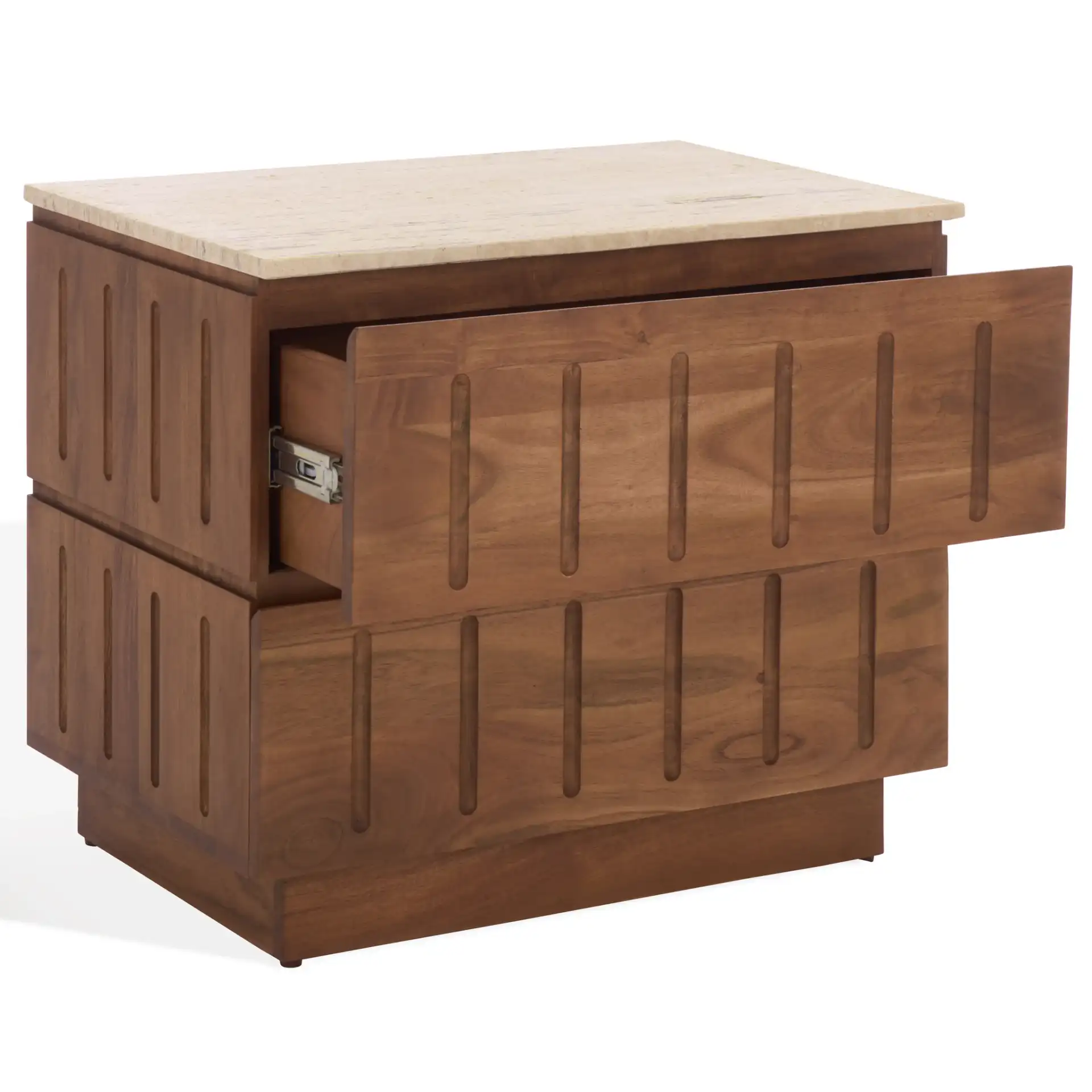 Kaylissa Travertine Nightstand in Travertine / Walnut, detail view