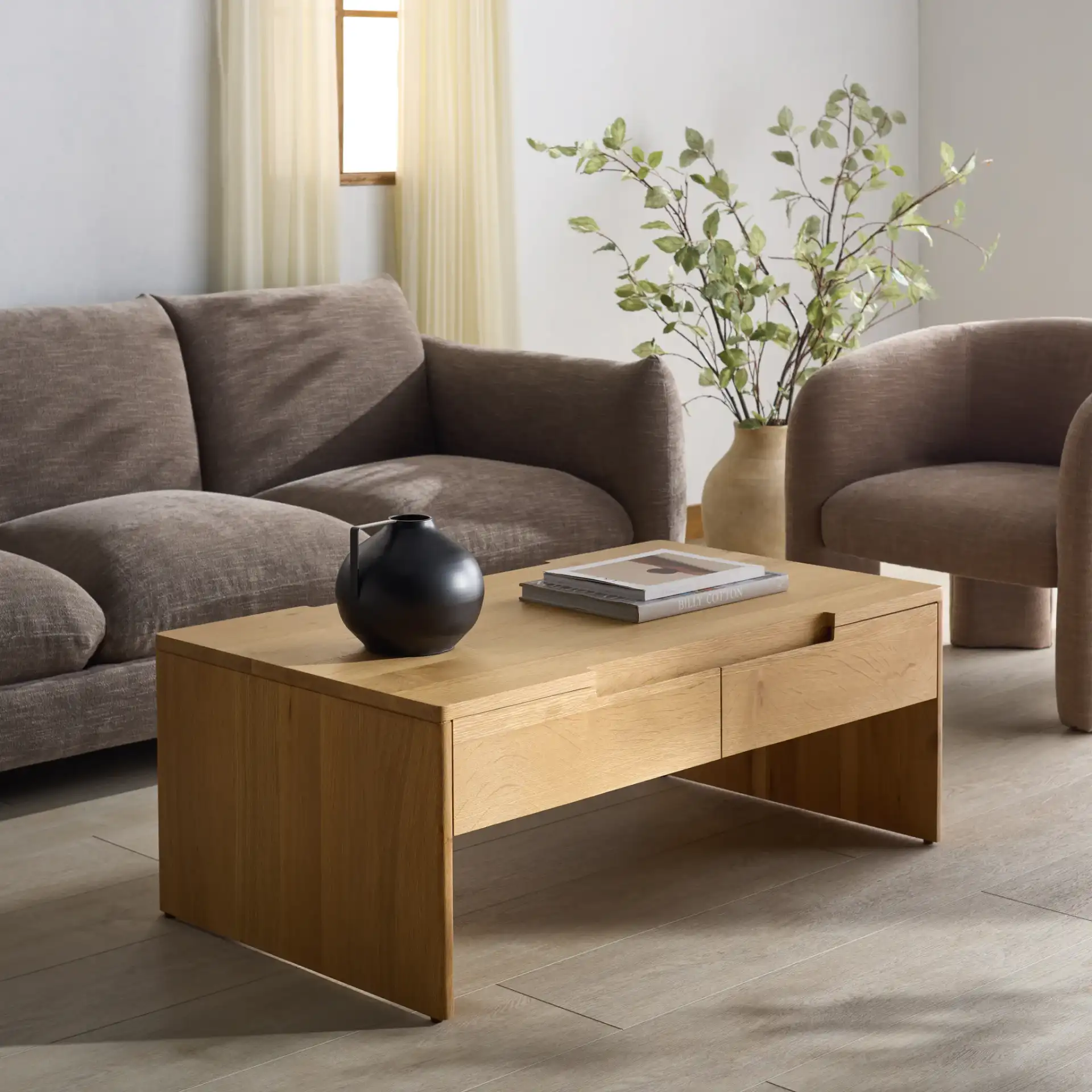 Riverside Oak Wood Coffee Table in Natural Oak in a styled room