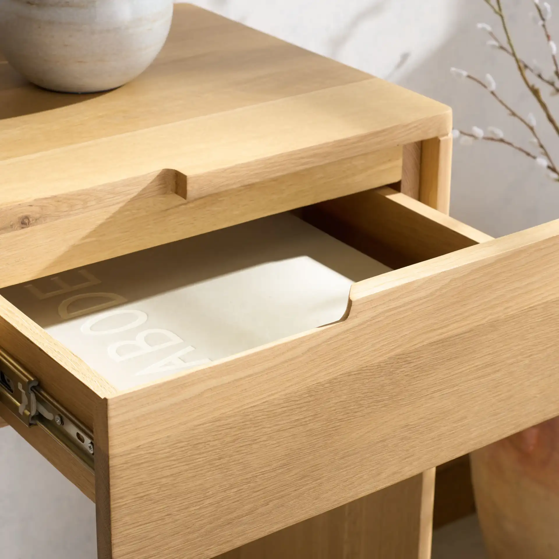 Riverside Oak Wood Console Table in Natural Oak in a styled room