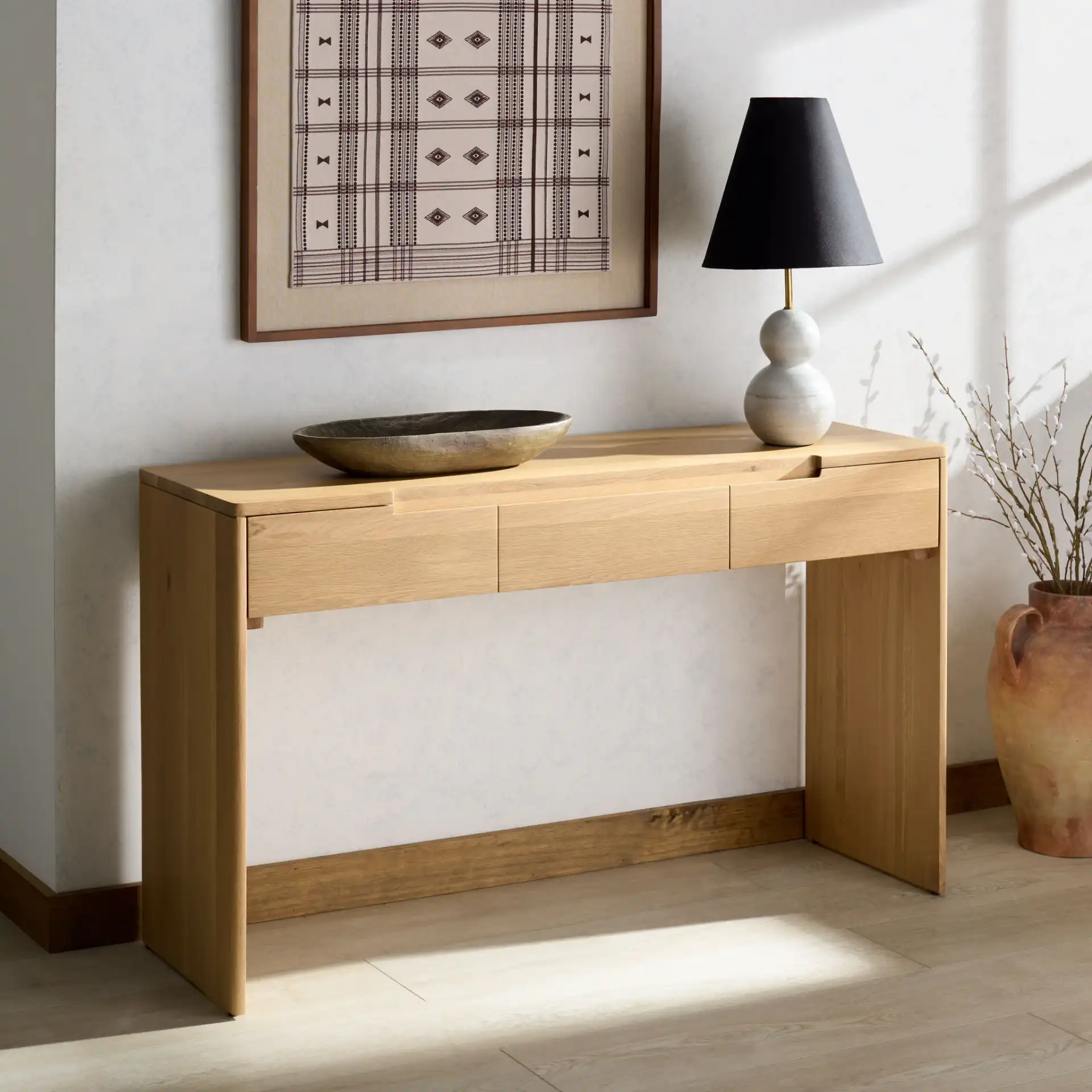Riverside Oak Wood Console Table in Natural Oak in a styled room