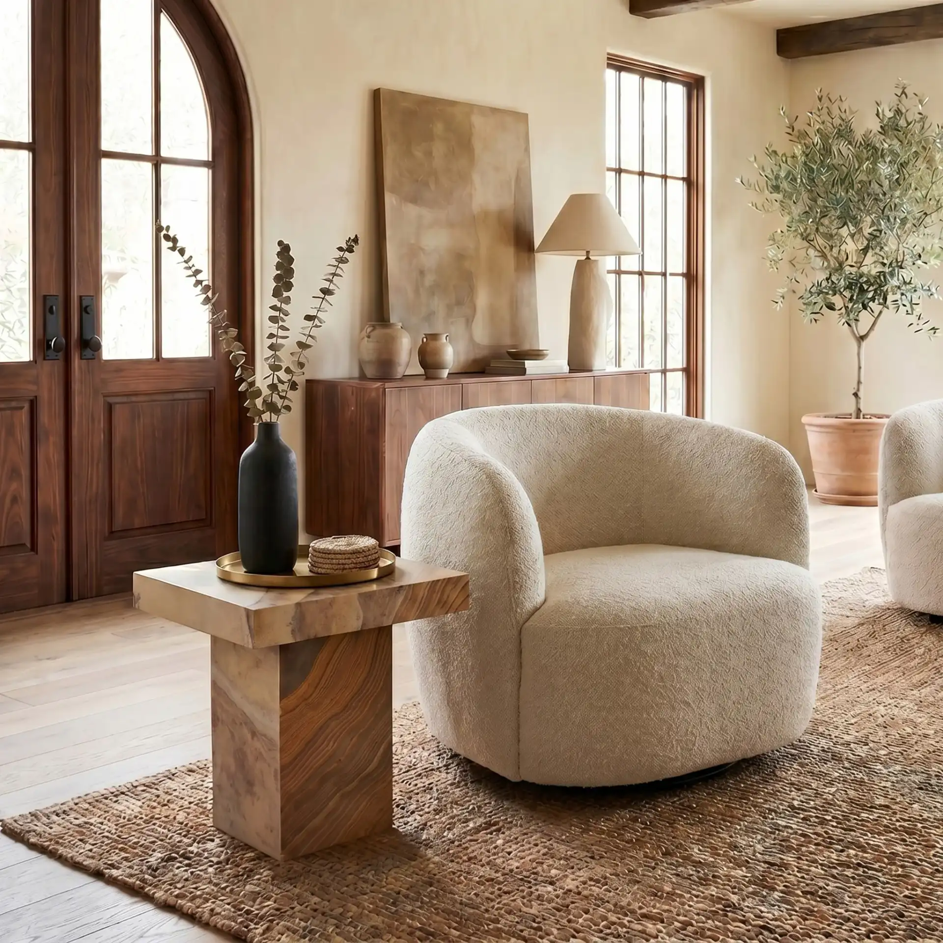 Jocelina Square Marble Accent Table in Brown in a styled room