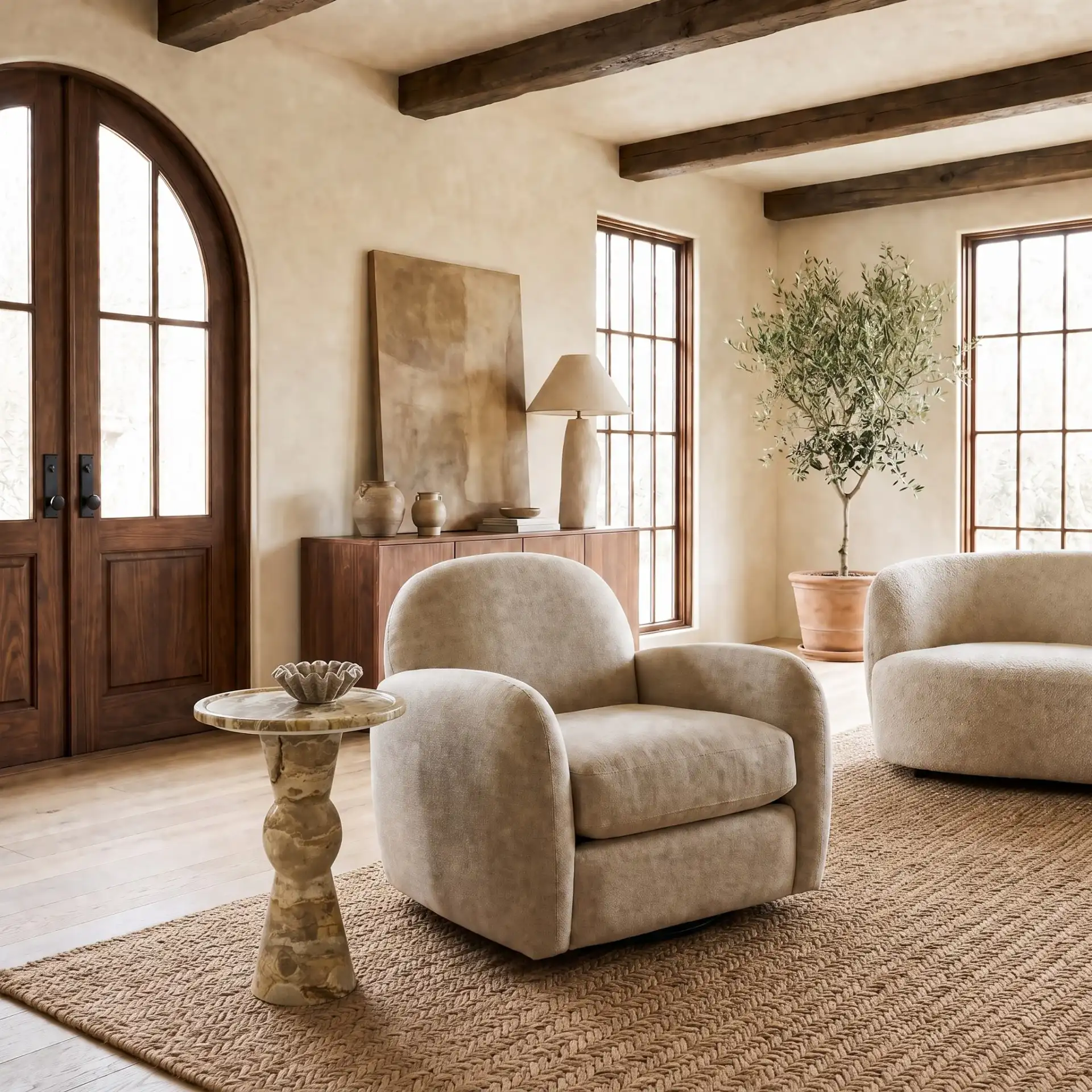 Zuria Round Marble Accent Table in Beige in a styled room