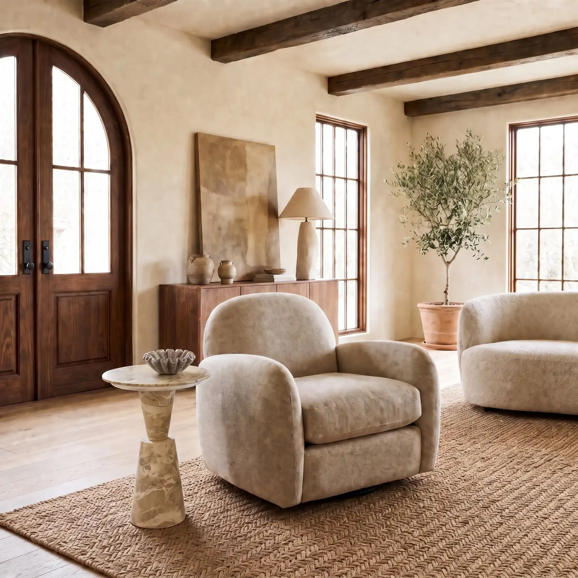 Tatyanna Round Marble Accent Table in Beige in a styled room